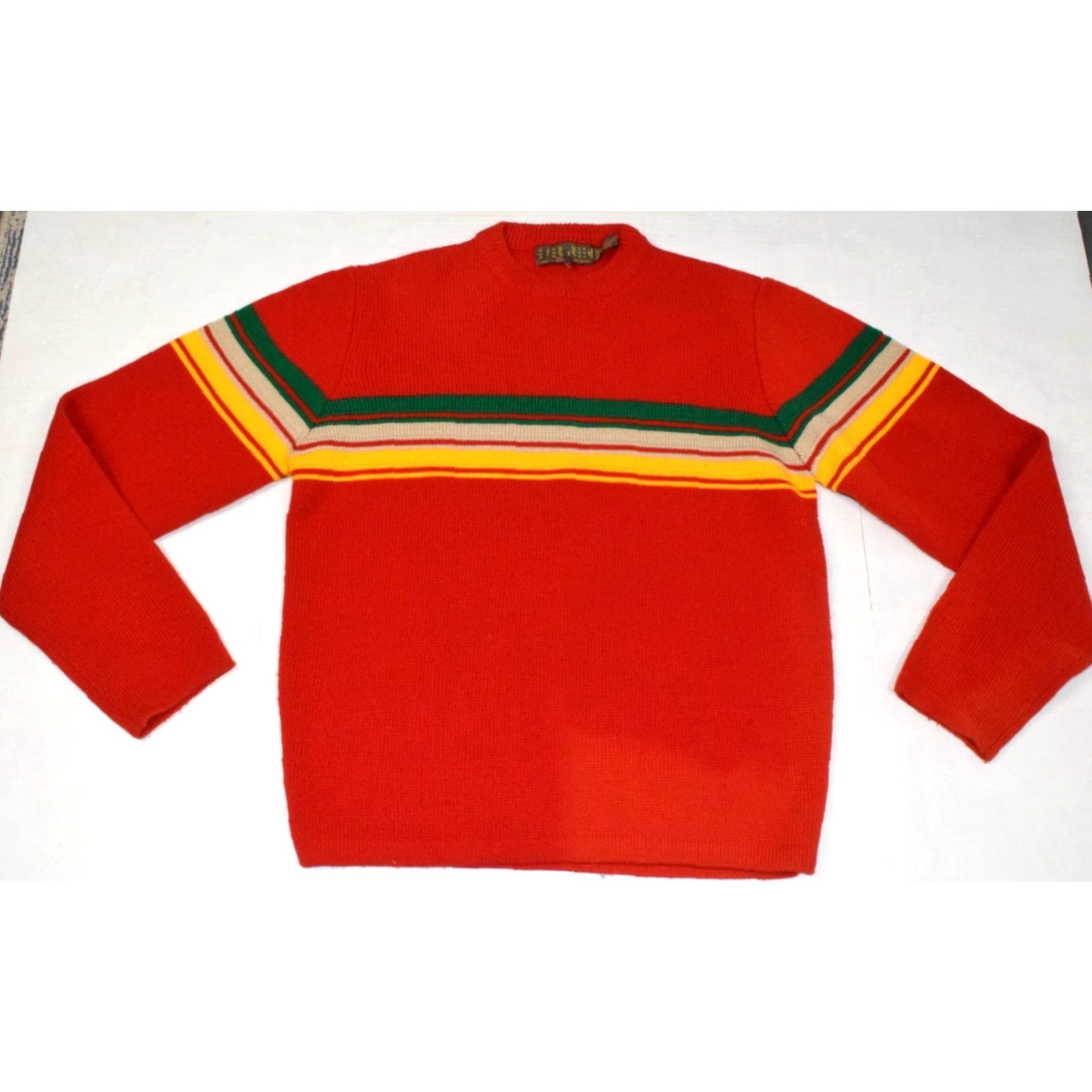 VINTAGE Evergreen Red Sweater Mens M 70s Yellow Green Center Stripe Acrylic Fade Shirt