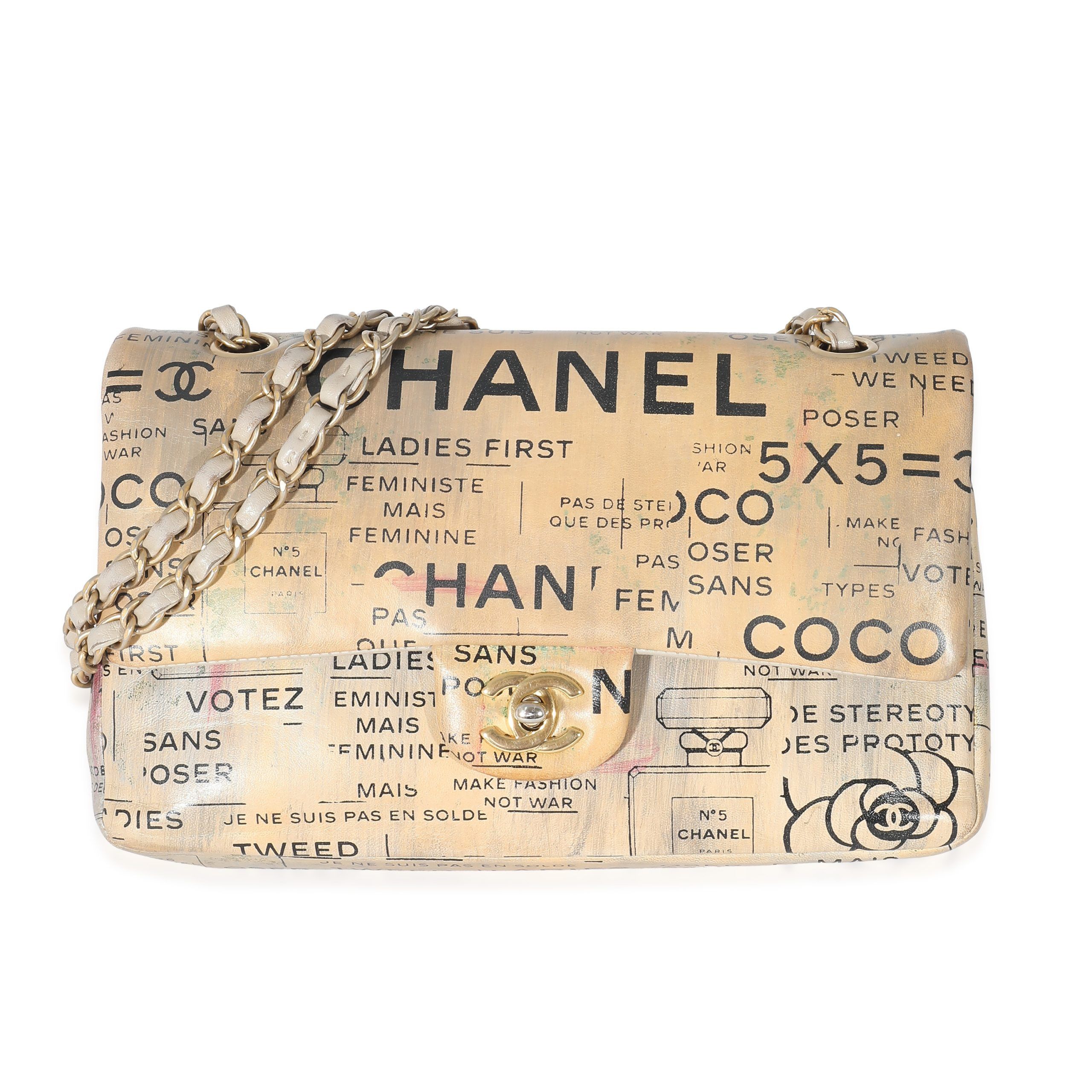 image of Chanel Limited Edition Graffiti Newspaper Print Medium Double Flap Bag in Grey, Women's