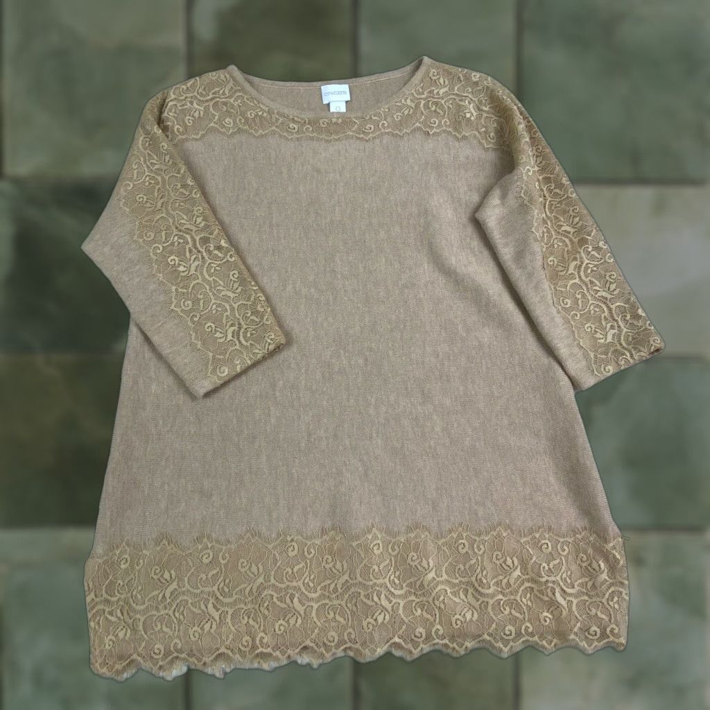 Vintage Chico's Womens Tan Sweater Pullover Lace Edges 3/4 Sleeves Size 0 Beige Ladies Size S / US 4 / IT 40 - 1 Thumbnail