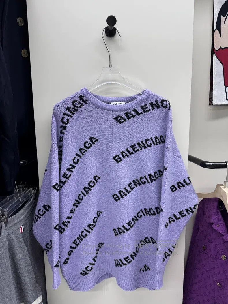 Balenciaga Eggplant purple full-print letter knitted sweat
