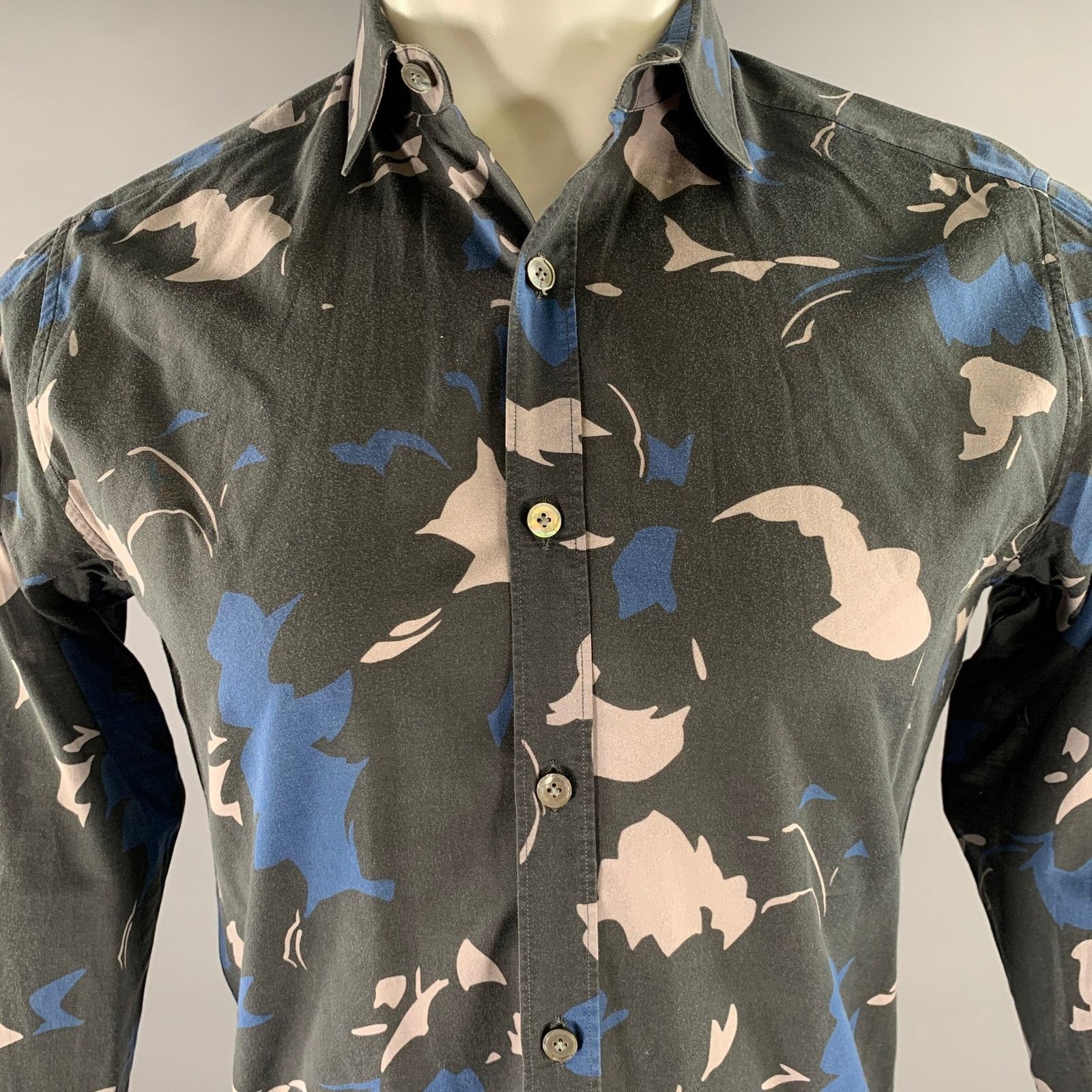Lanvin LANVIN Black Grey Blue Abstract Floral Cotton Long Sleeve Size US S / EU 44-46 / 1 - 2 Thumbnail