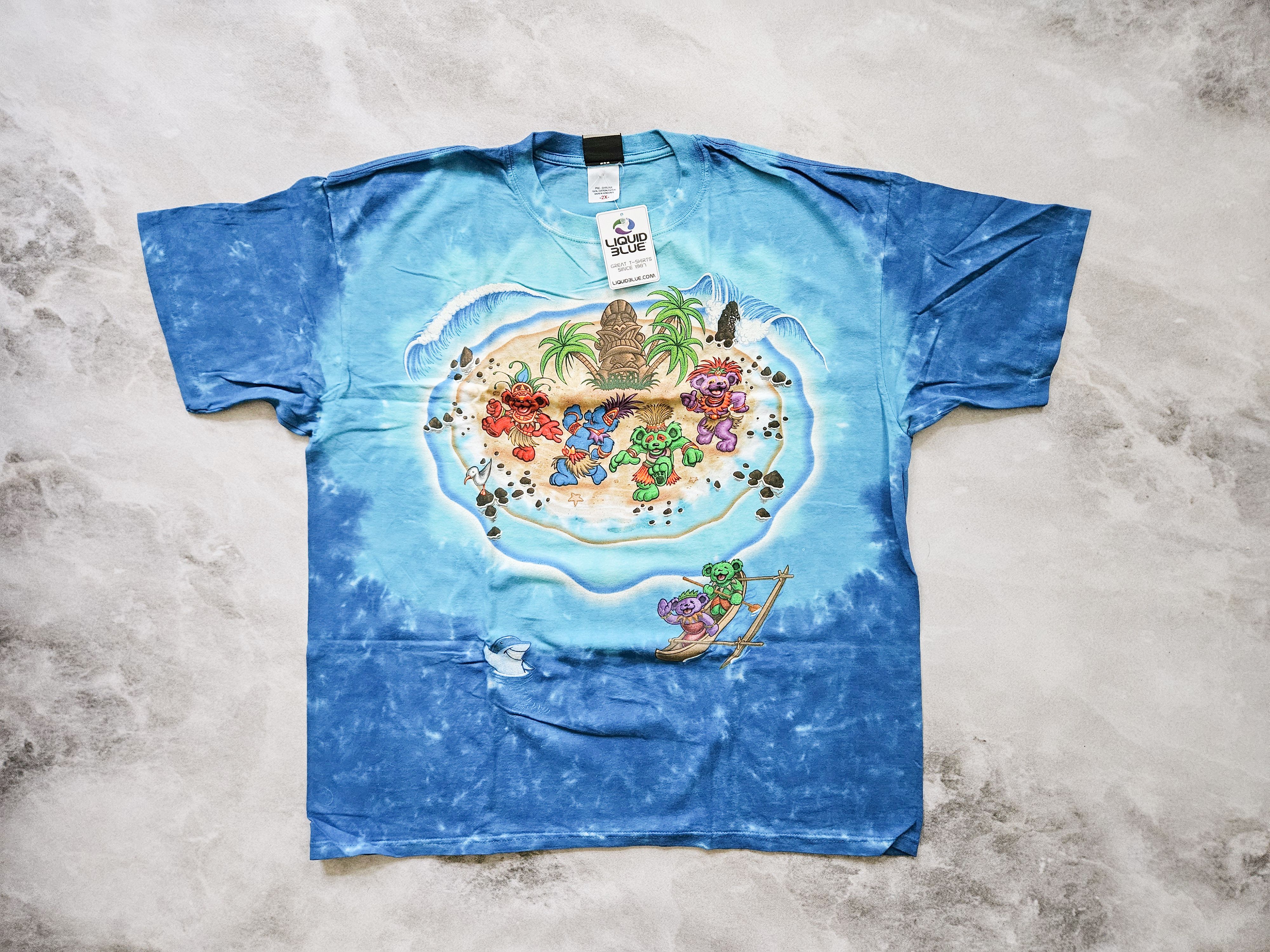 image of Vintage Liquid Blue X Grateful Dead Tiki Bear 2X T-Shirt in Tie Dye Blue, Men's (Size 2XL)