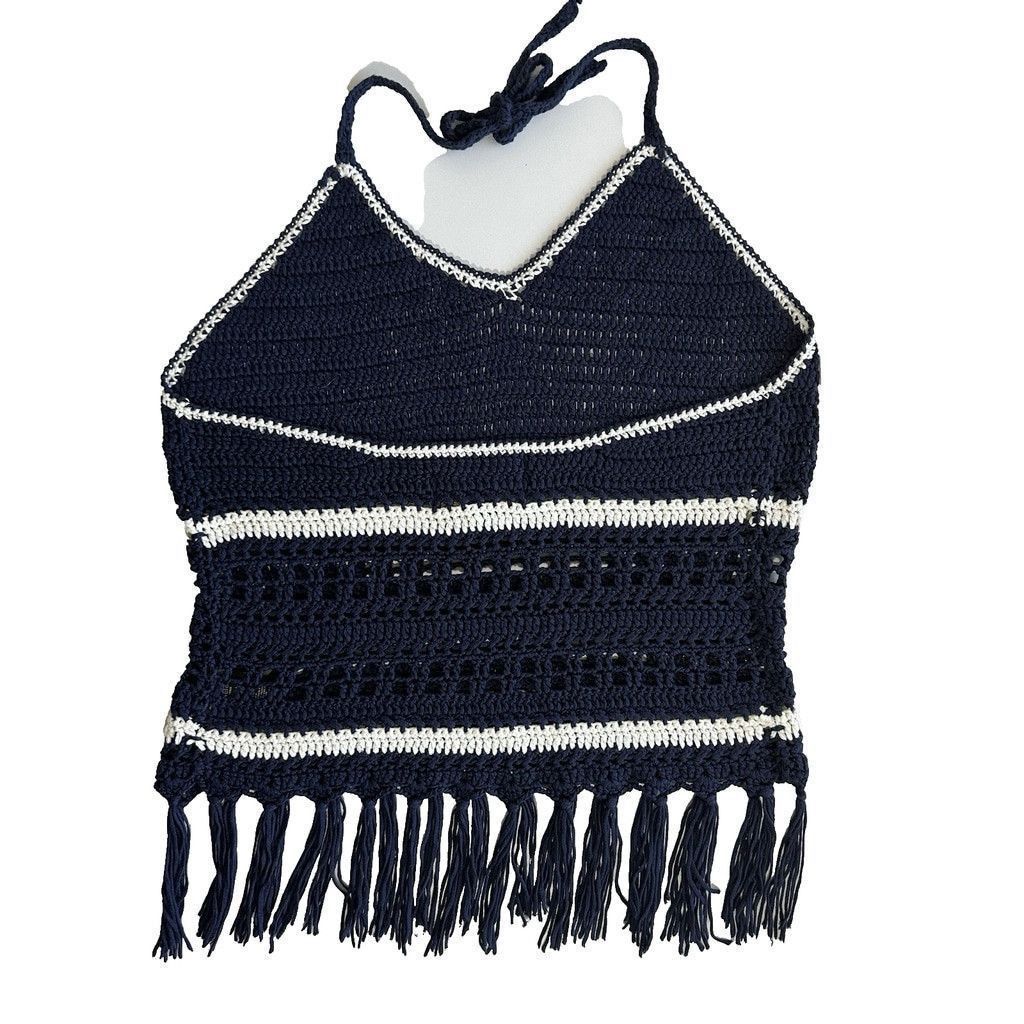 Other Y2K Lovemarks Halter Top Crochet Large Navy Stripes Tasseled Size L / US 10 / IT 46 - 3 Thumbnail