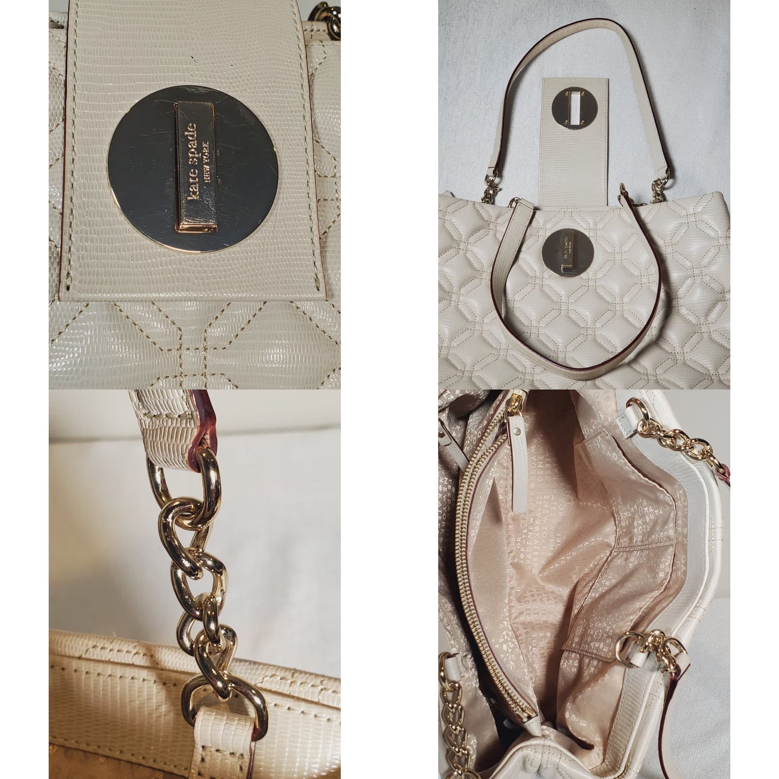 Vintage Kate Spade Astor Court Elena Quilted Handbag Ivory Leather Women Large Size ONE SIZE - 9 Thumbnail