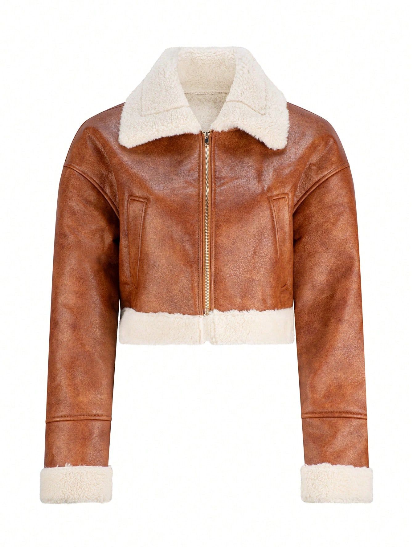 Other Womens Brown Real Leather Aviator Jacket, Shearling Trim Size S / US 4 / IT 40 - 1 Thumbnail