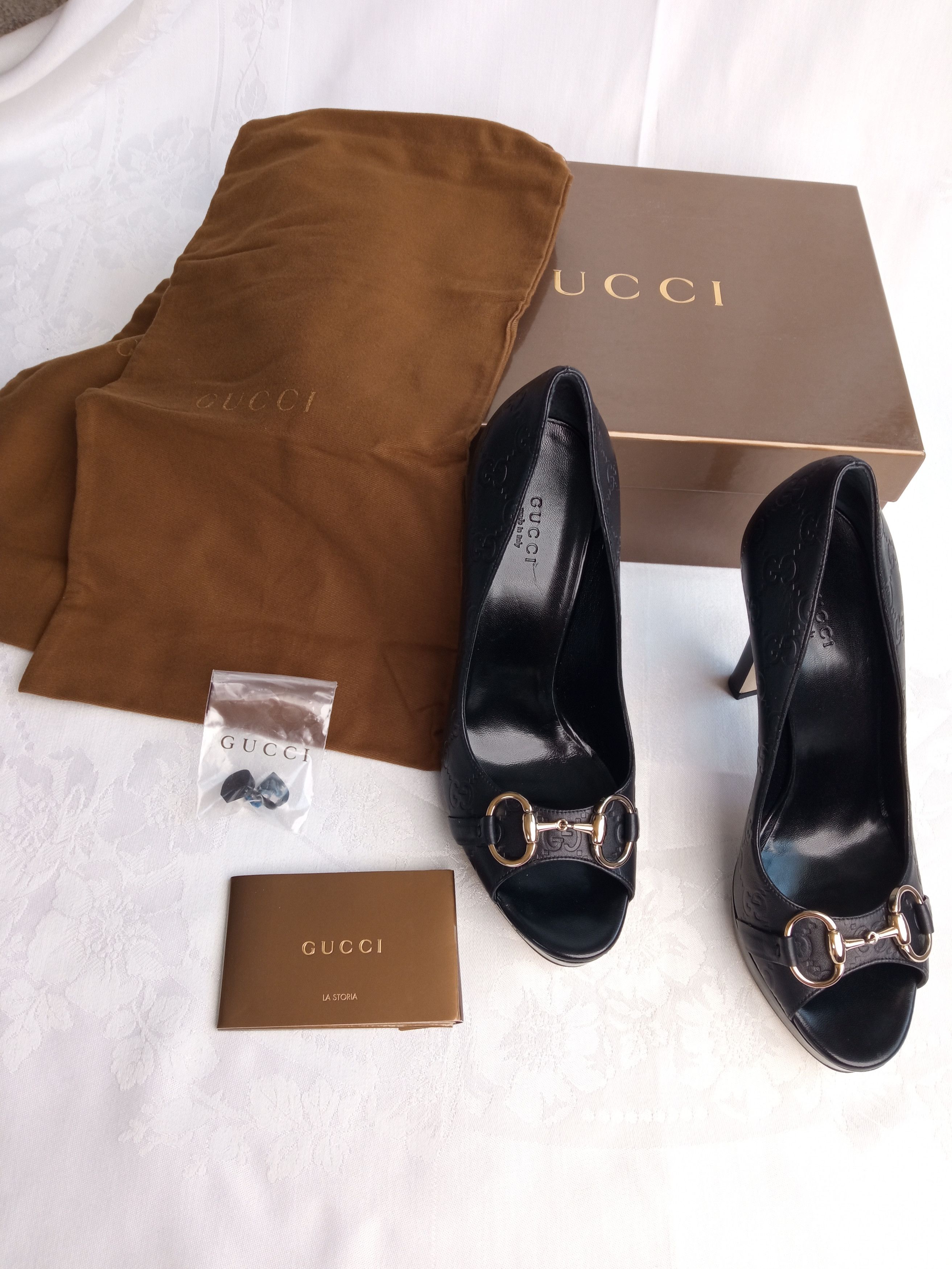 Gucci Guccissima GG monogram black leather horsebit peep toe Size US 9.5 / IT 39.5 - 7 Thumbnail