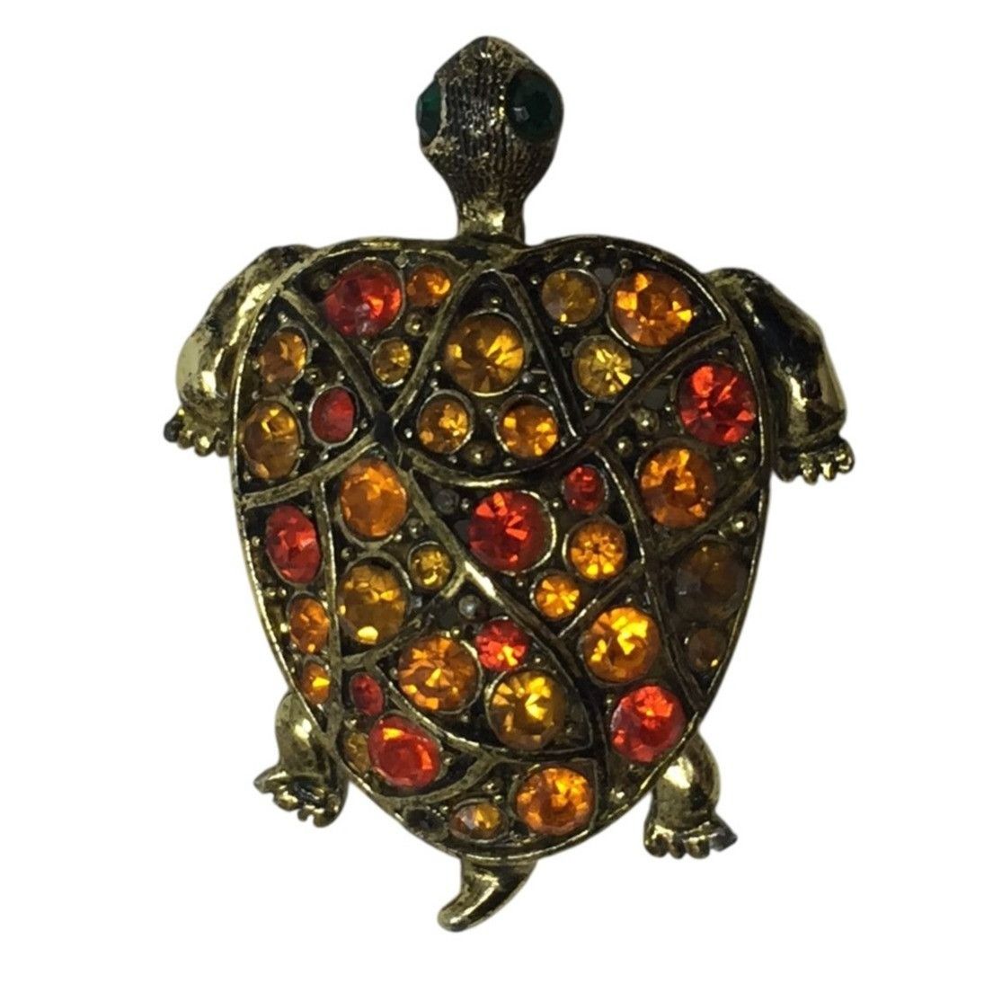 Vintage Hollycraft Gold Tone Turtle Pin with Orange Colored