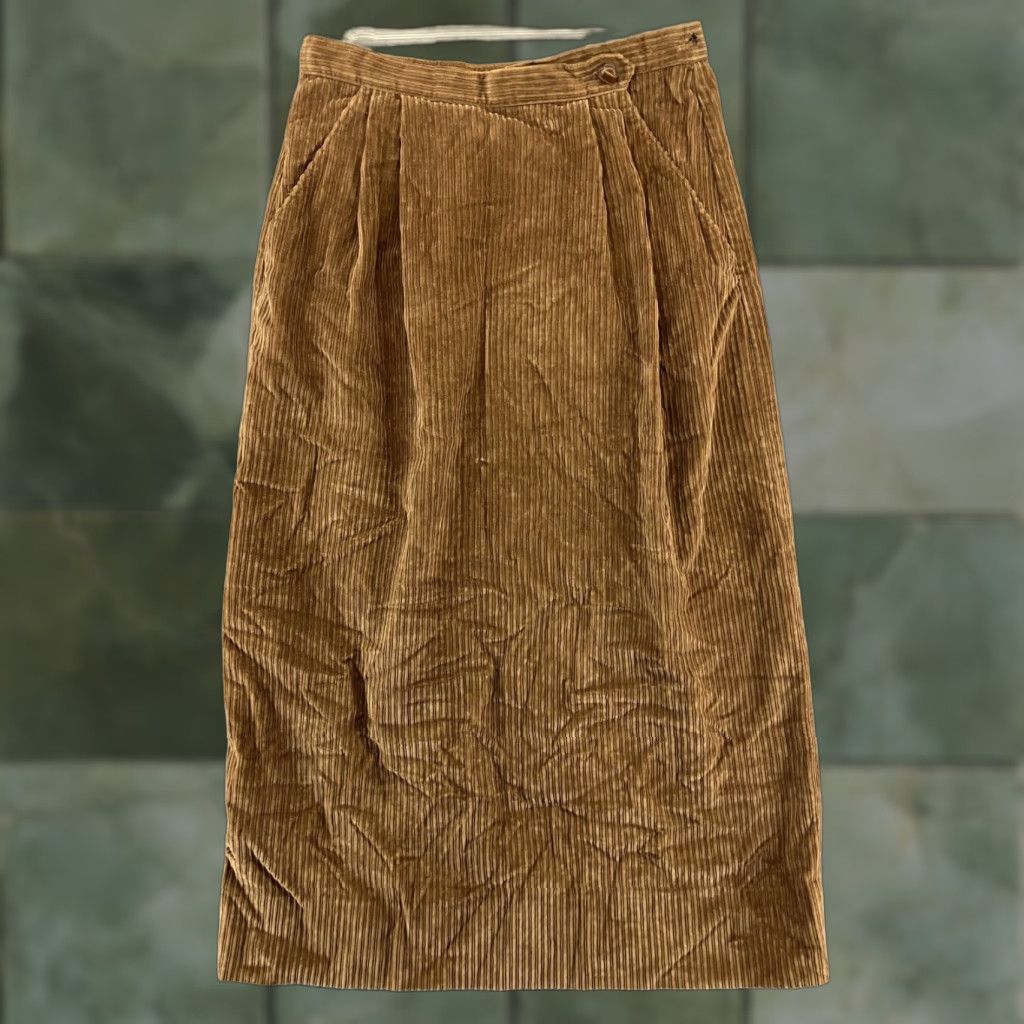 Vintage Schrader Brown Corduroy Midi Skirt Womens 6 Pleated Casual with Pockets & Back Slit 90s Size 28" / US 6 / IT 42 - 1 Thumbnail