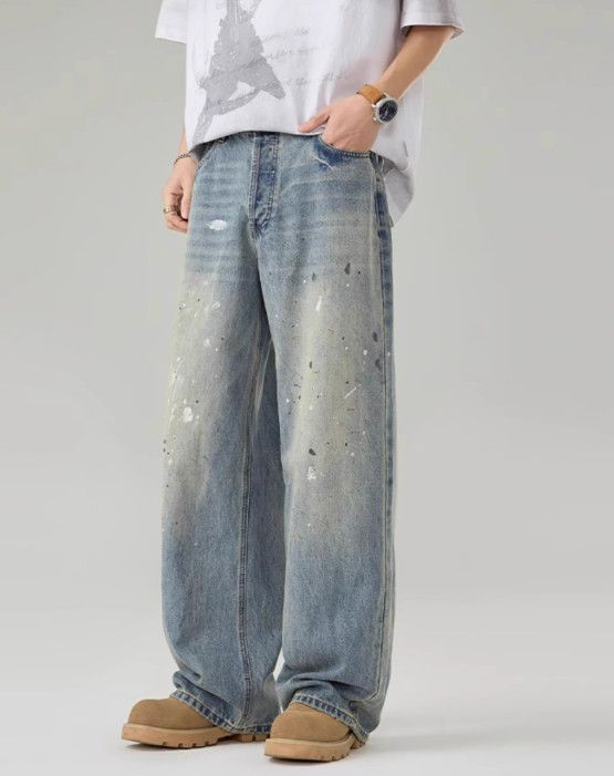 Vintage American ink-splatter wash men's street wide-leg baggy jeans Size US 32 / EU 48 - 3 Thumbnail