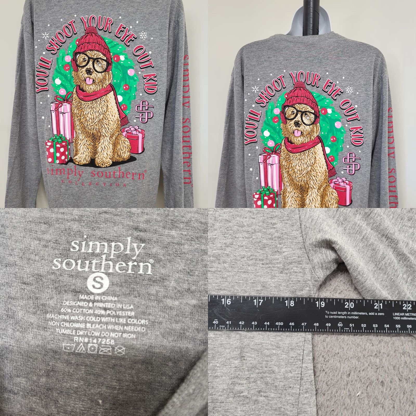 Vintage Simply Southern T-Shirt Woman’s Size Small Gray "You Will Shoot Your Eye Out Kid" Christmas Dog Crew Neck Long Sleeve Regular Cotton Shirt Womens Size S / US 4 / IT 40 - 8 Thumbnail