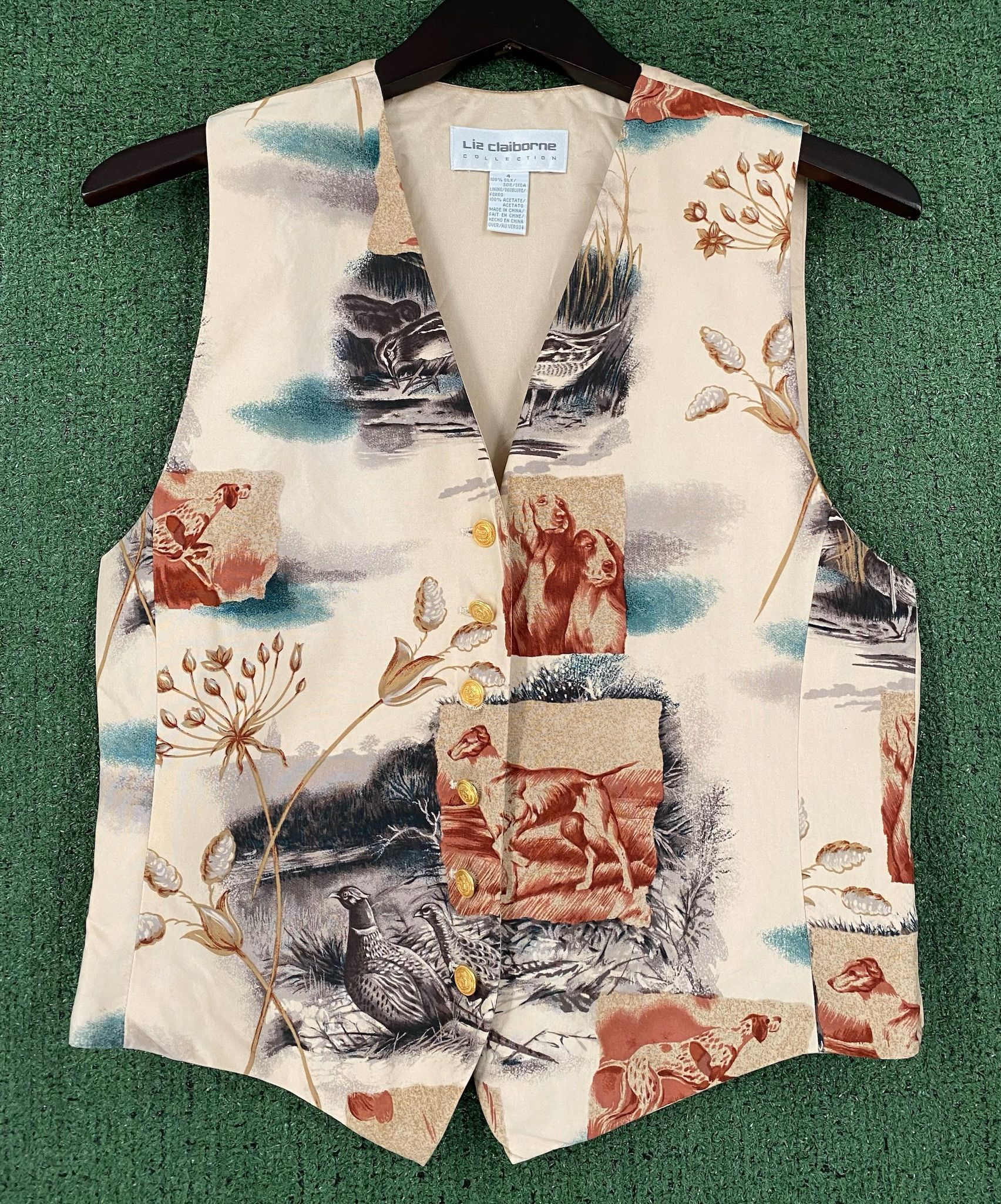 Liz Claiborne 90’s Liz Claiborne Silk Dog Birds Nature Button Vest Small Size S / US 4 / IT 40 - 1 Thumbnail