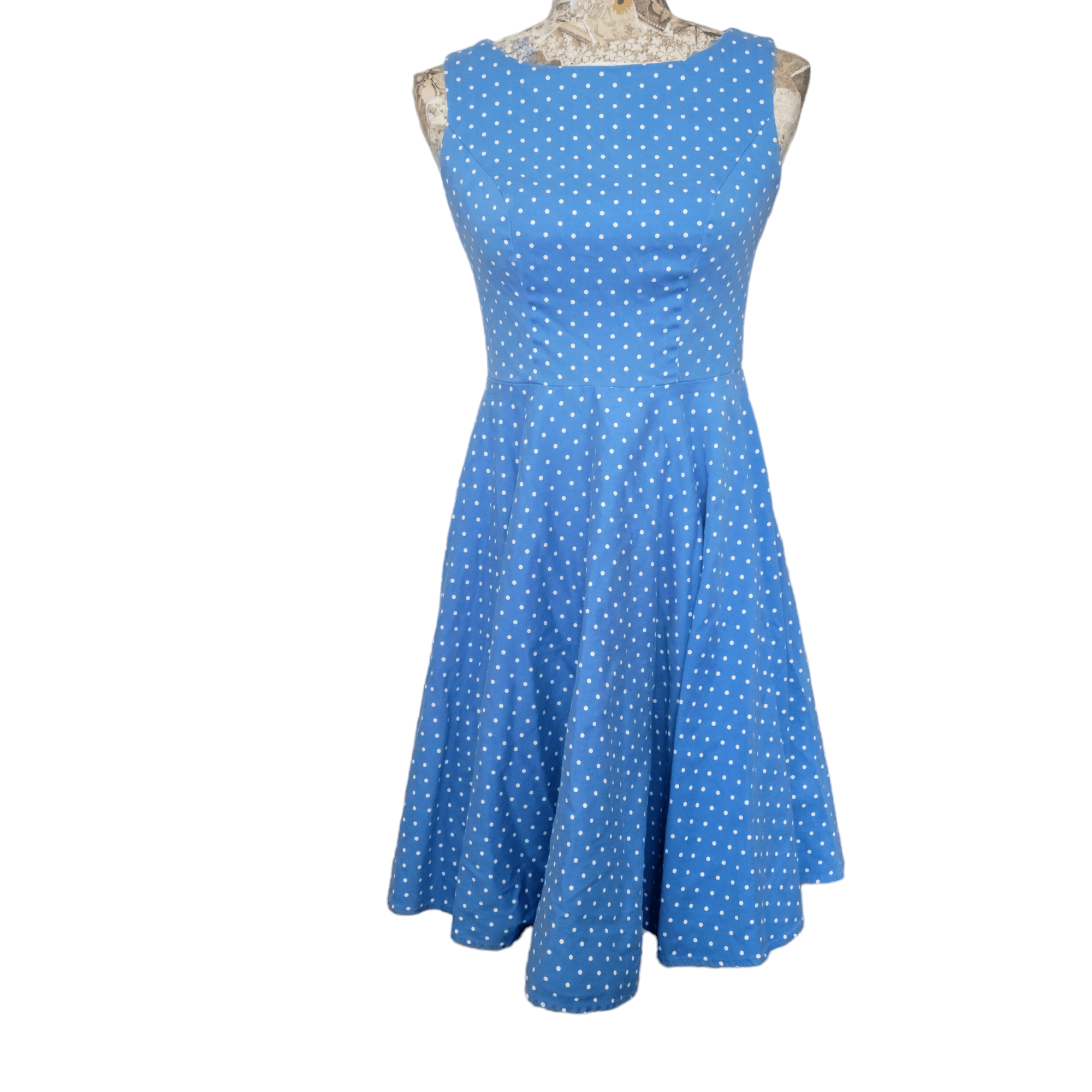 NBDN Nobrandedon Grace Karin Blue White Polka Dot Fitted Bodice Flare Dress Size S / US 4 / IT 40 - 9 Thumbnail