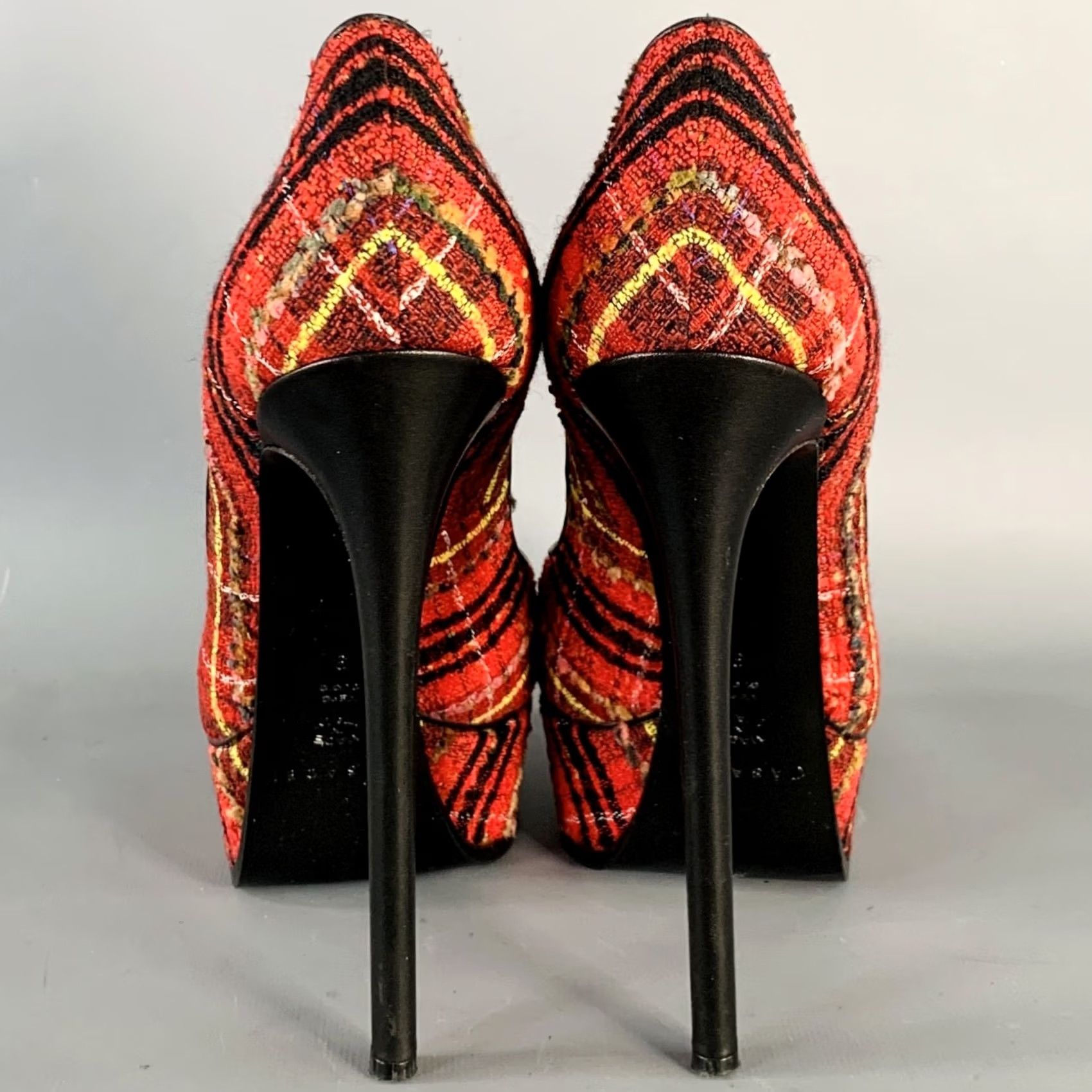 Casadei CASADEI Platform Pumps Size 9 Red Black Yellow Tweed Plaid Leather Trim Size US 9 / IT 39 - 3 Thumbnail