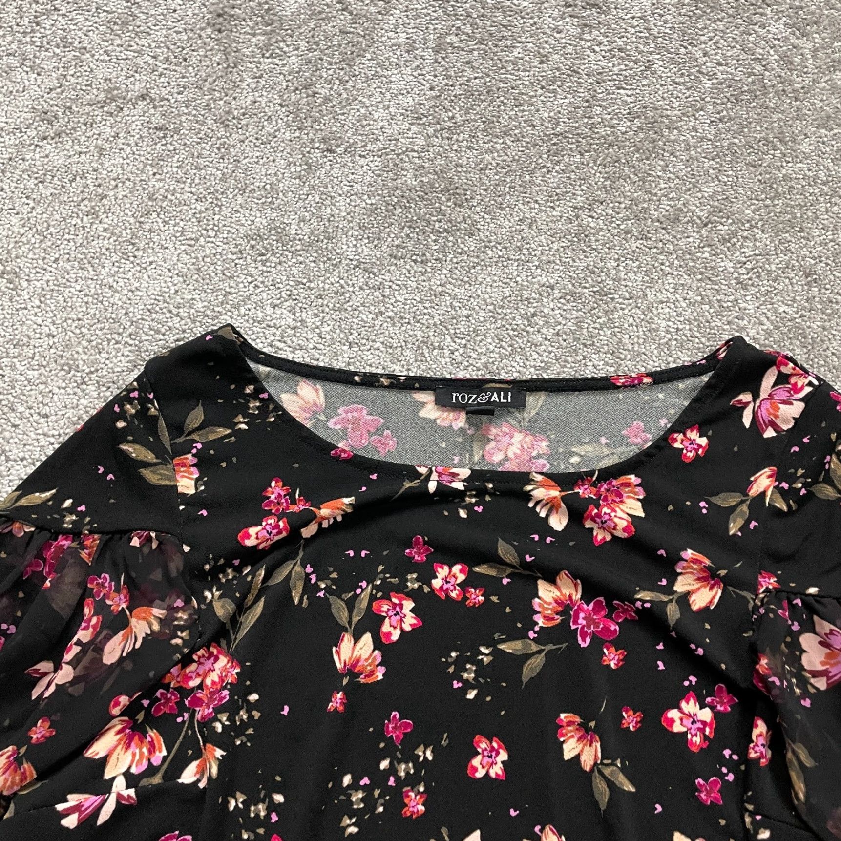 Vintage Roz & Ali Blouse Tunic Womens XL Black Floral Short Sleeve Round Neck Casual Top Size XL / US 12-14 / IT 48-50 - 3 Thumbnail