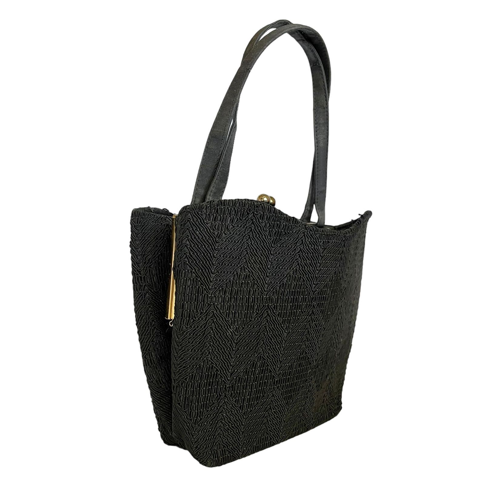 Vintage 1940s Corde Chevron Black Satchel Hinged Frame Purse Handbag Size ONE SIZE - 7 Thumbnail