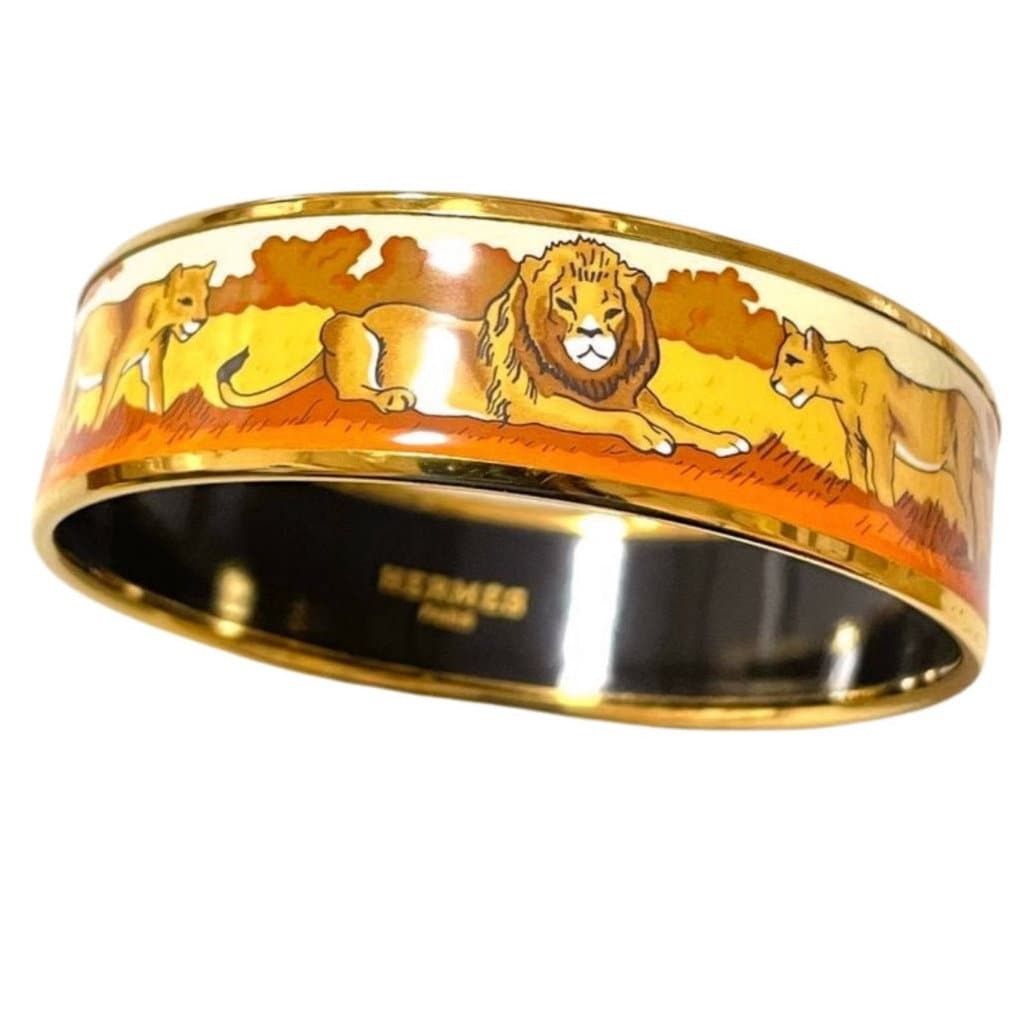 image of Vintage Hermes Cloisonne Enamel Bangle With Lion in Gold, Women's