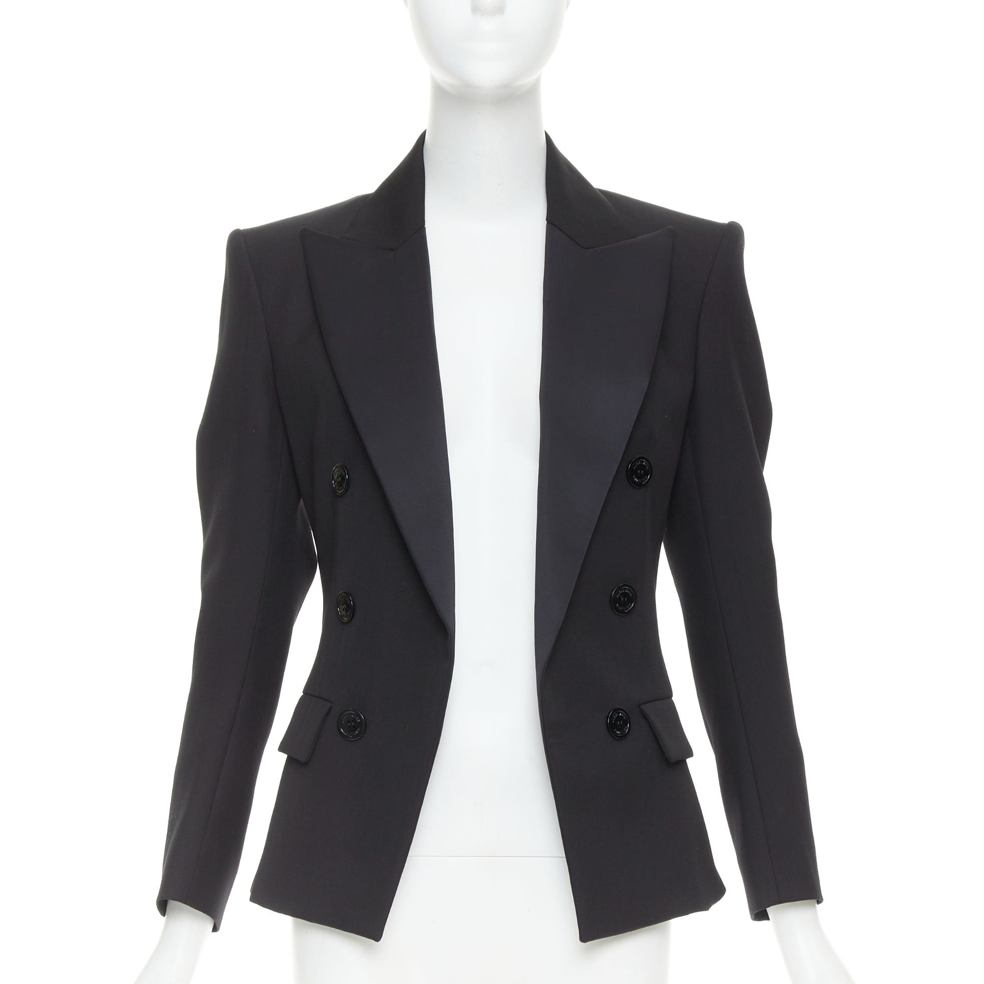 Alexandre Vauthier ALEXANDRE VAUTHIER COUTURE SS2021 black grain de poudre satin lapel cinched tuxedo jacket Size S / US 4 / IT 40 - 1 Thumbnail