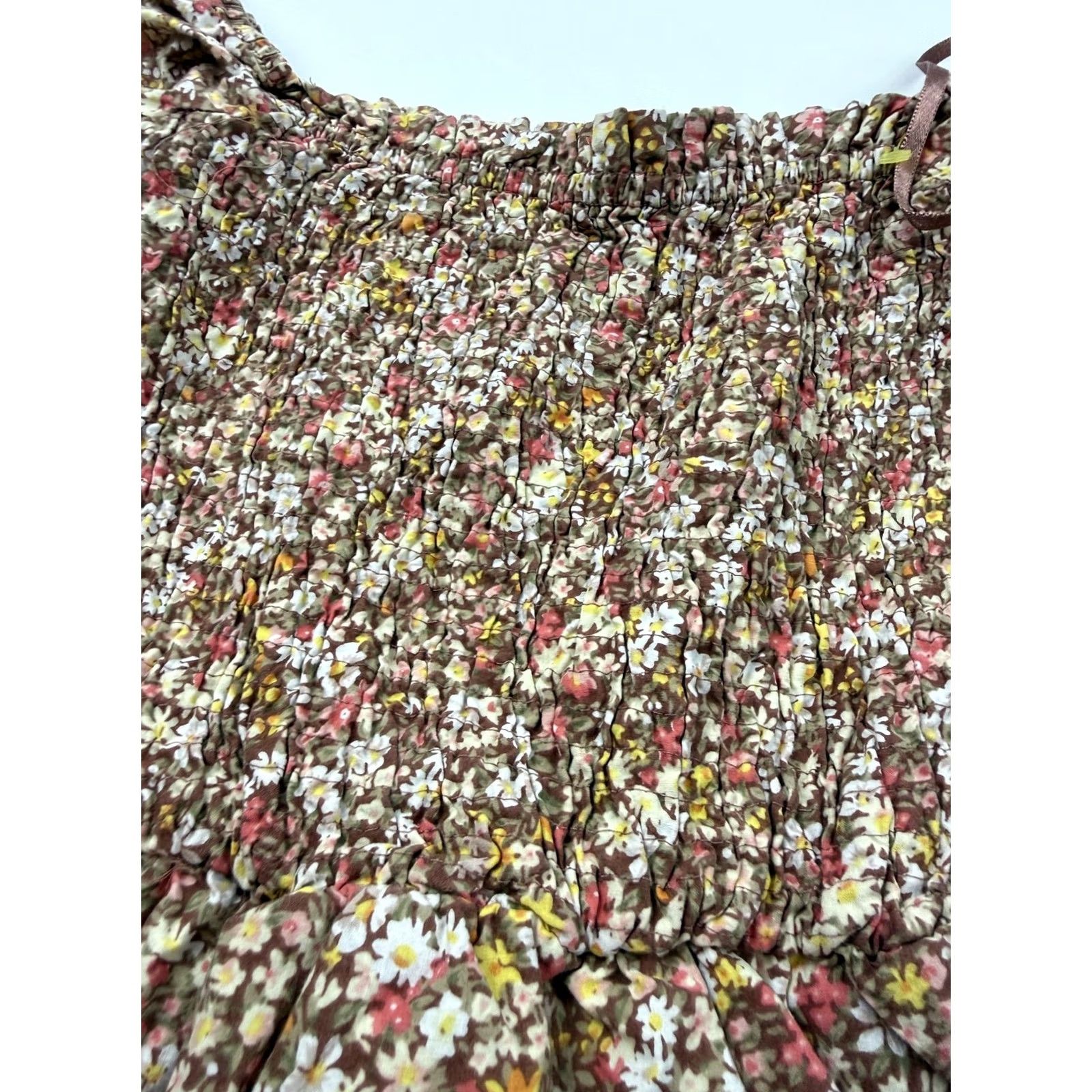 Vintage Sim & Sam Dress Womens Small Brown Floral Smocked Off Shoulder Ruffle Hem Mini Size S / US 4 / IT 40 - 2 Thumbnail