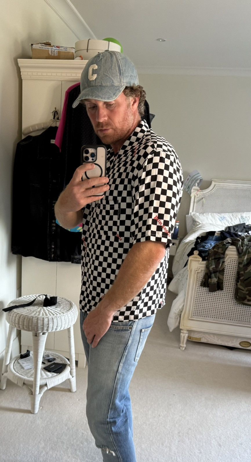 $790 Palm angels checkerboard checker ss hawaiian shirt 52