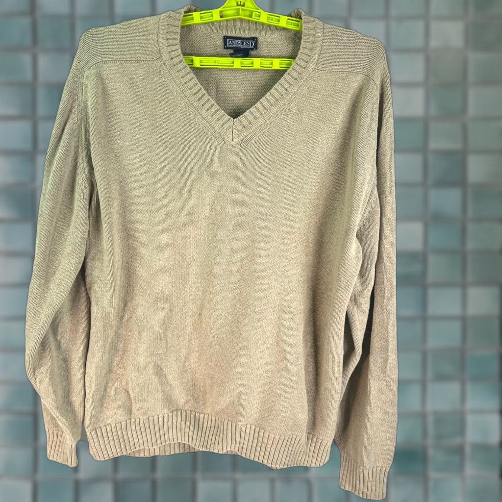 Lands' End VINTAGE Lands' End V Neck Pullover Sweater Mens XLT Beige US Made Knit Cotton Long Sleeve Size US XL / EU 56 / 4 - 1 Thumbnail
