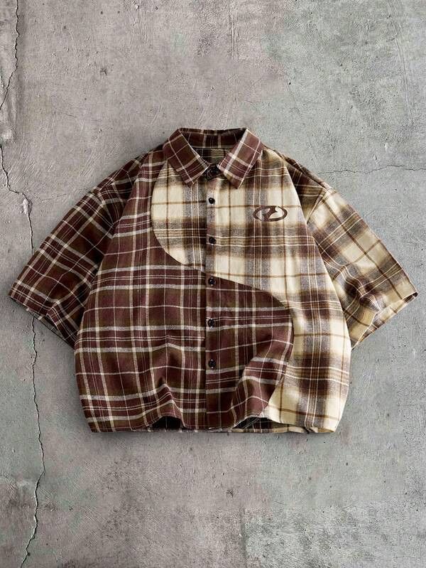 Japanese Brand Brown & Cream Asymmetrical Design Flannel Shirt Size US L / EU 52-54 / 3 - 1 Thumbnail