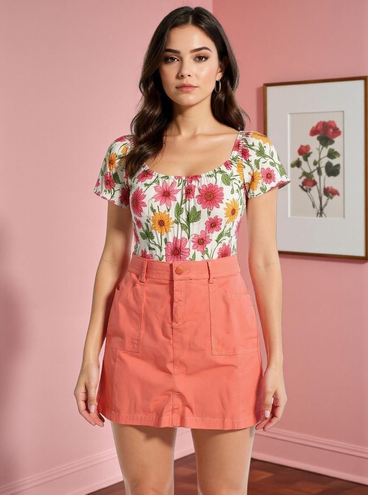 Lee Lee Coral Mini Skirt with Front Pockets Size 34" / US 12 / IT 48 - 1 Thumbnail