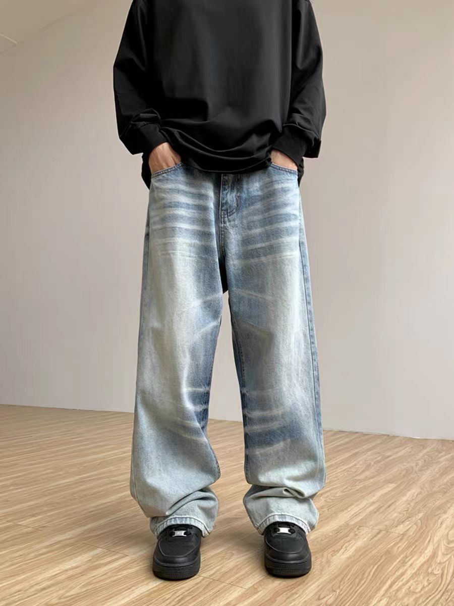Vintage Washed Textured Straight Leg Wide Jeans