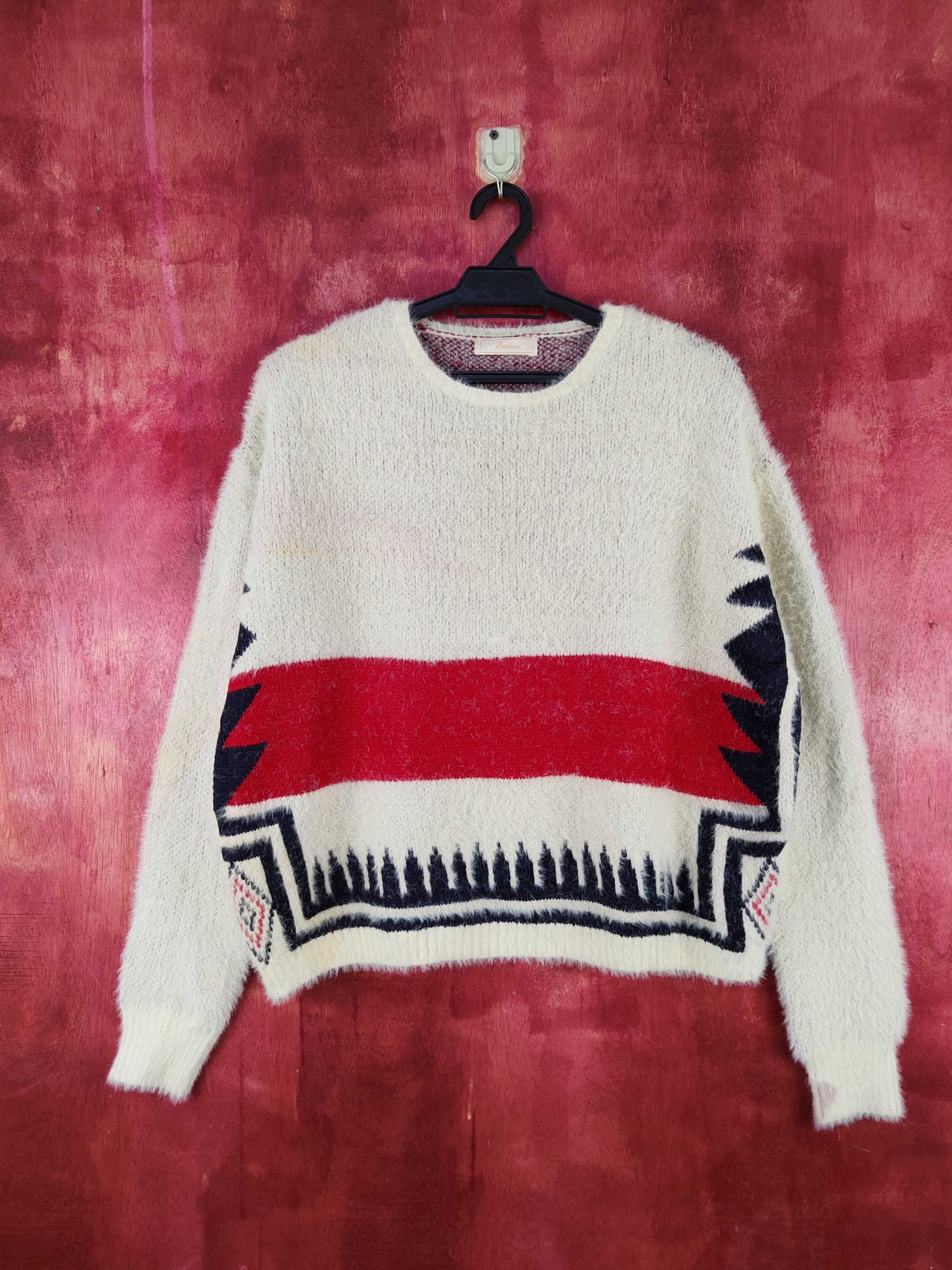 Homespun Knitwear × Japanese Brand Bohewi Cream Red Shag Shaggy Fur Mohair Knitwear #S2077 Size US M / EU 48-50 / 2 - 1 Thumbnail