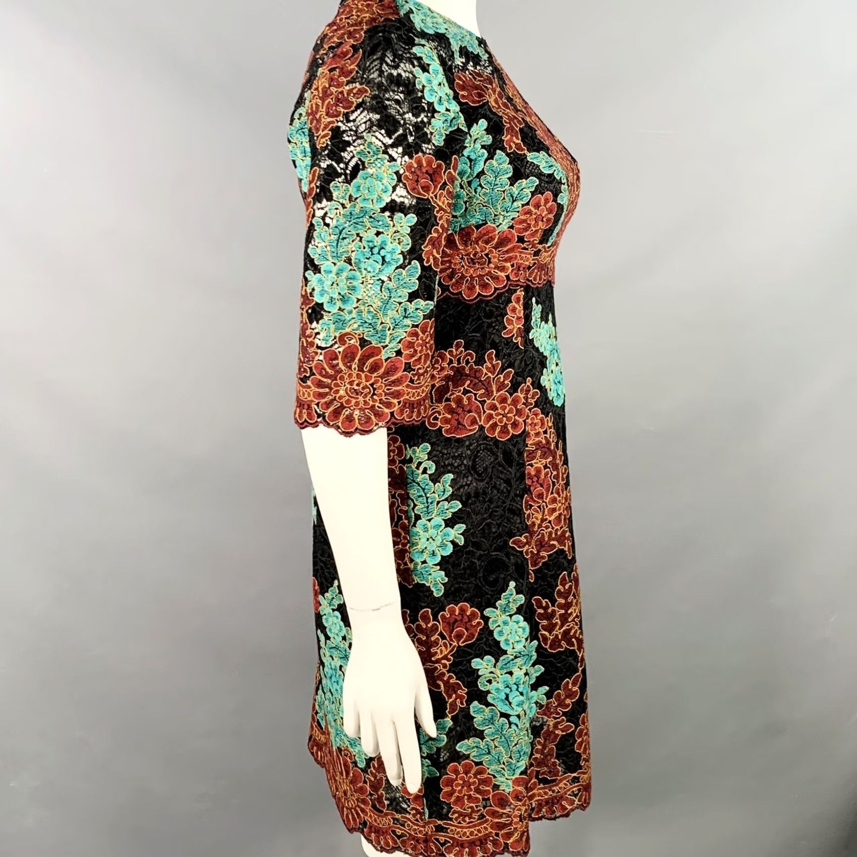Dolce & Gabbana DOLCE & GABBANA Dress 10 Black Green Brown Floral Lace 3/4 Sleeves Knee Length Women Size L / US 10 / IT 46 - 3 Thumbnail