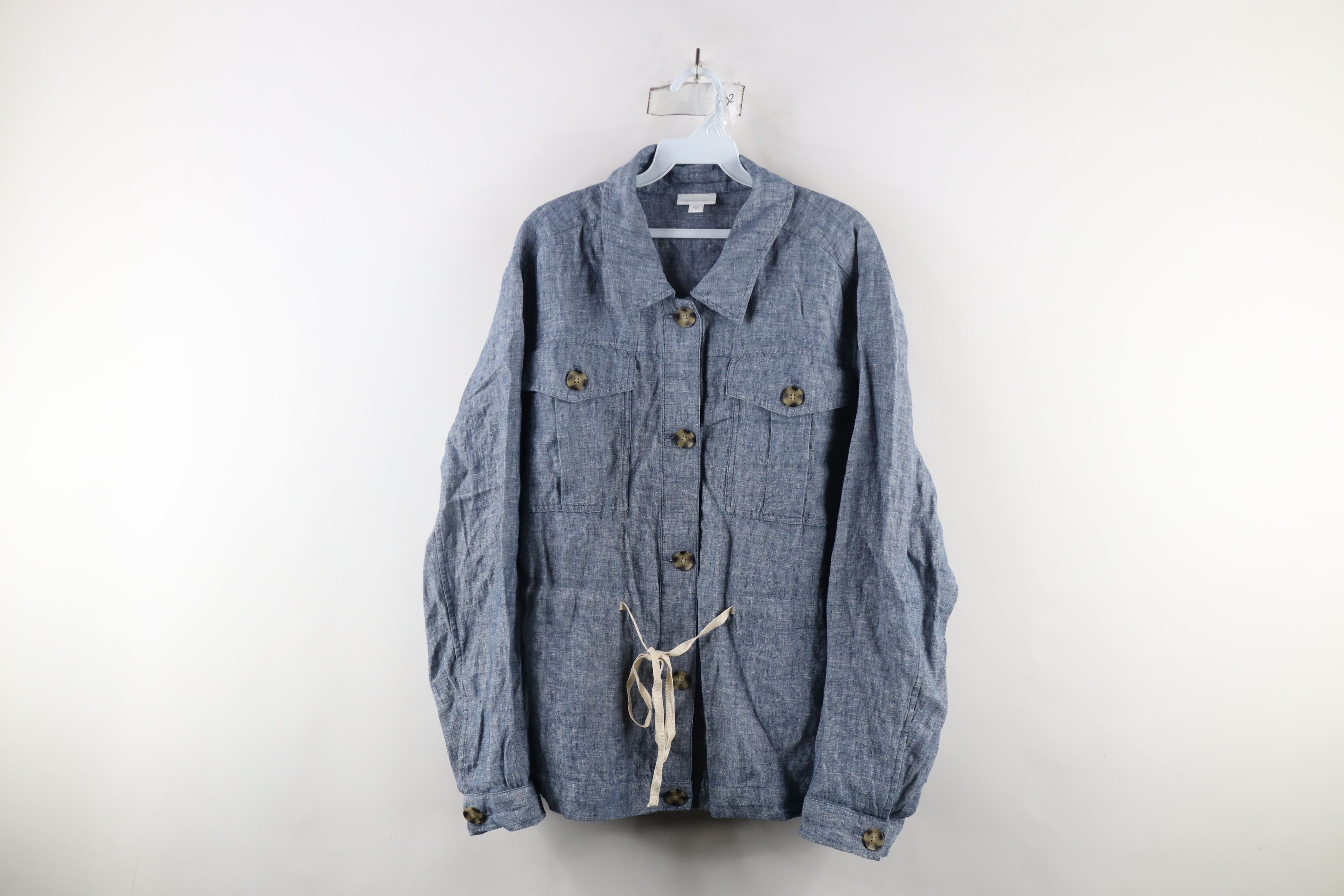 J. Jill × Vintage J Jill Love Linen Tie Linen Collared Button Shirt Blue Size XXL / US 16-18 / IT 52-54 - 1 Thumbnail