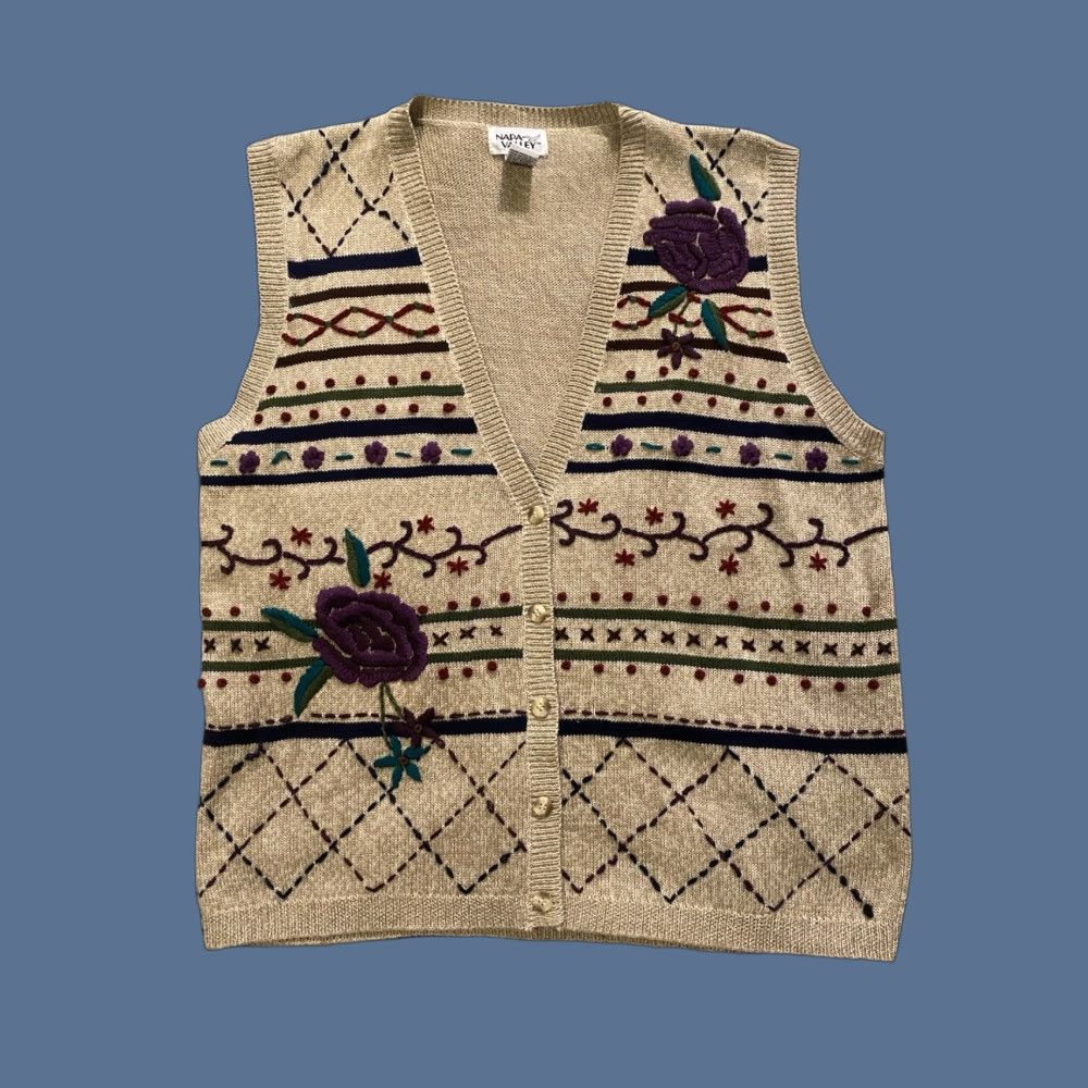 Vintage VINTAGE Napa Valley Vest Knit Flower Embroidered Wool Blend Cardigan Beige XL Women’s Size XL / US 12-14 / IT 48-50 - 1 Thumbnail