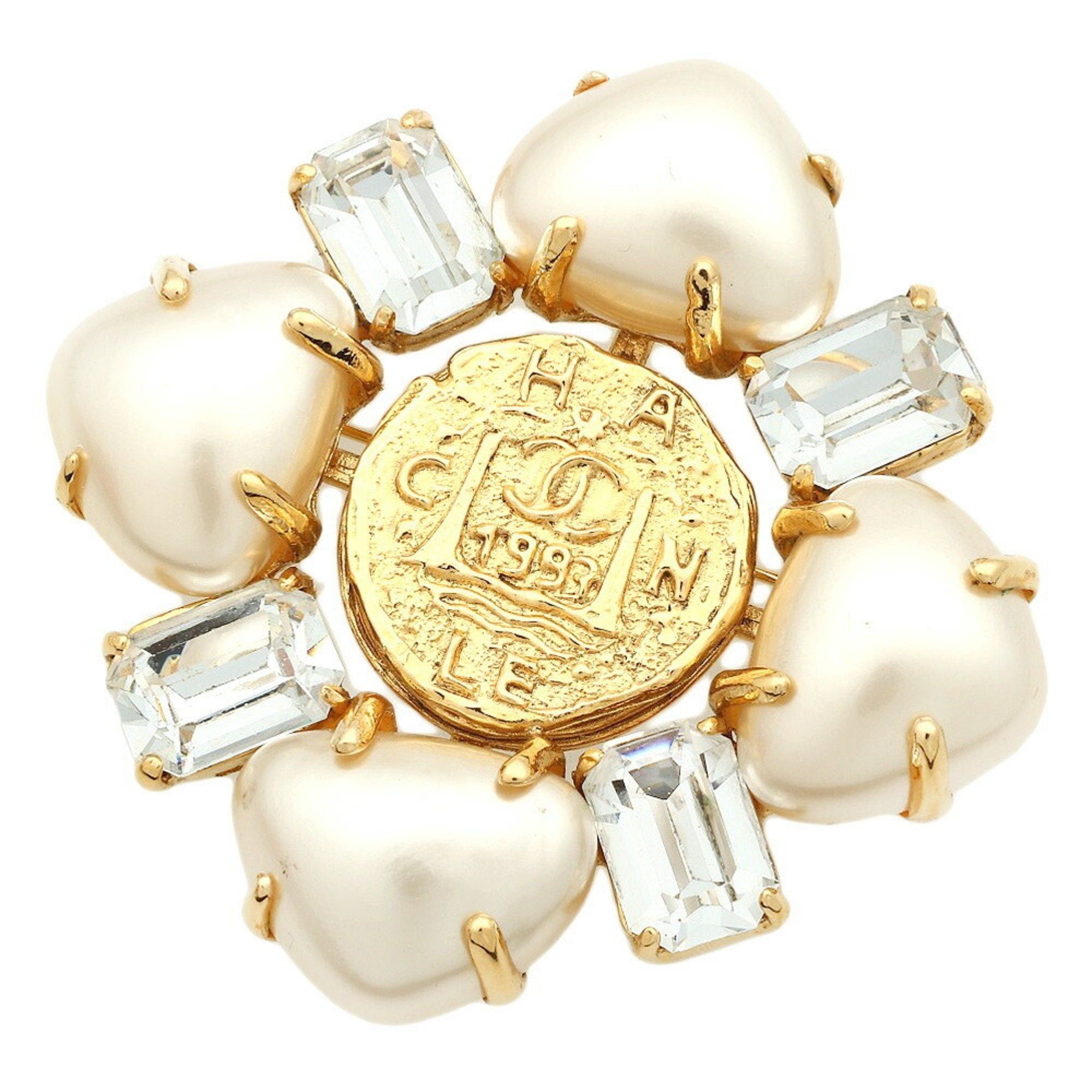 image of Chanel Cocomark Brooch Gp Imitation Pearl Fake Rhinestone 93A in Gold, Women's