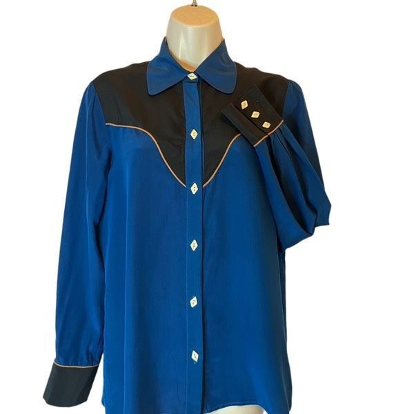 Vintage Vintage Lillie Rubin blue black 100% silk western blouse Size M / US 6-8 / IT 42-44 - 1 Thumbnail