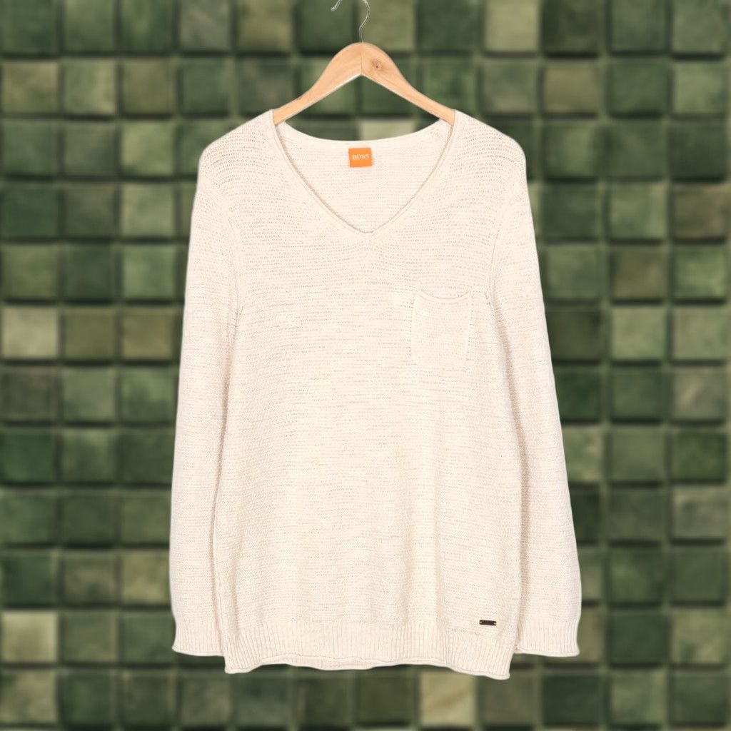 Hugo Boss HUGO BOSS ORANGE Jumper Shirt Men L V-Neck Cotton Beige 2000s Classic Pullovers VR2691 Size US L / EU 52-54 / 3 - 1 Thumbnail