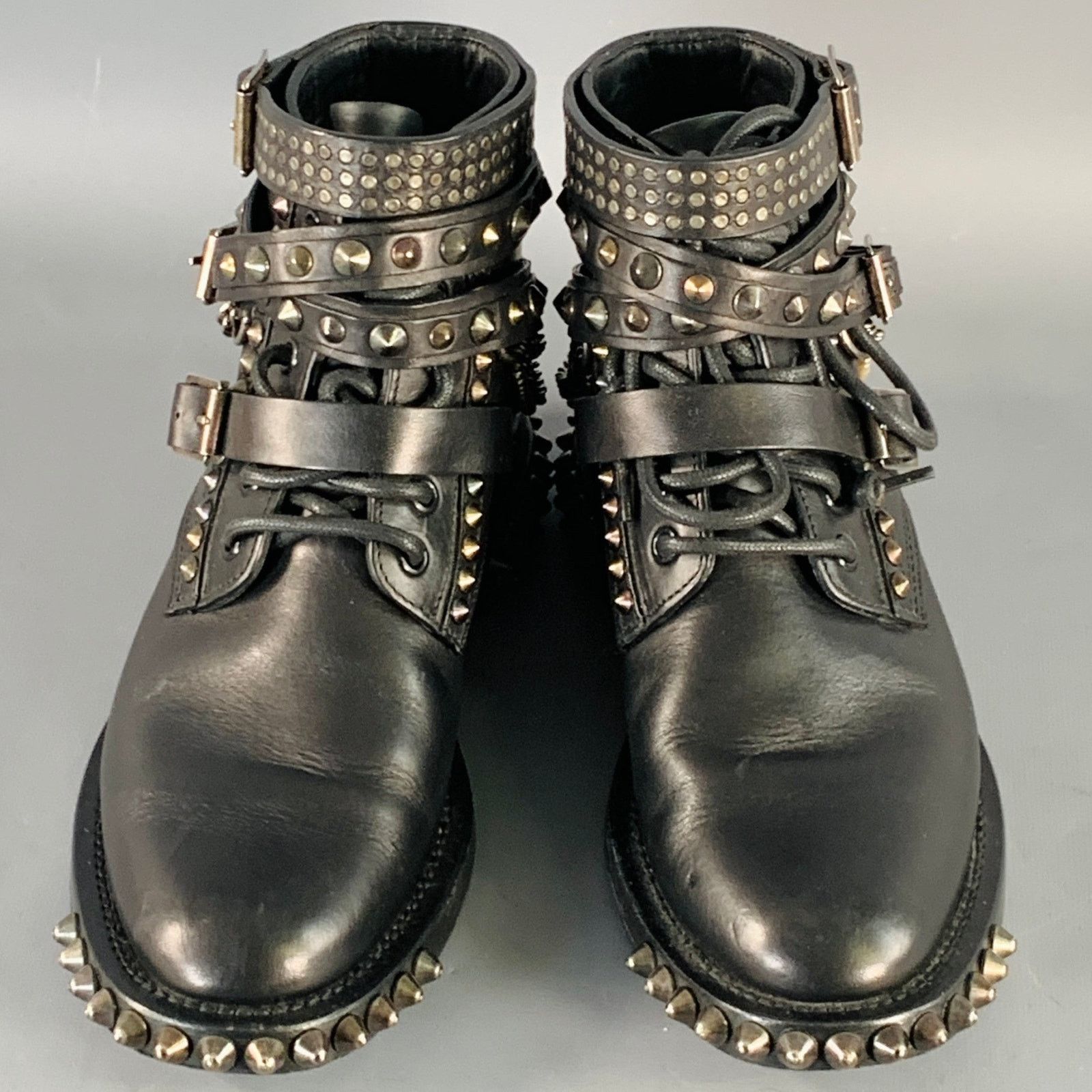 Saint Laurent Paris SAINT LAURENT Black Studded Leather Lace-Up Belted Boots Size US 6.5 / IT 36.5 - 5 Thumbnail