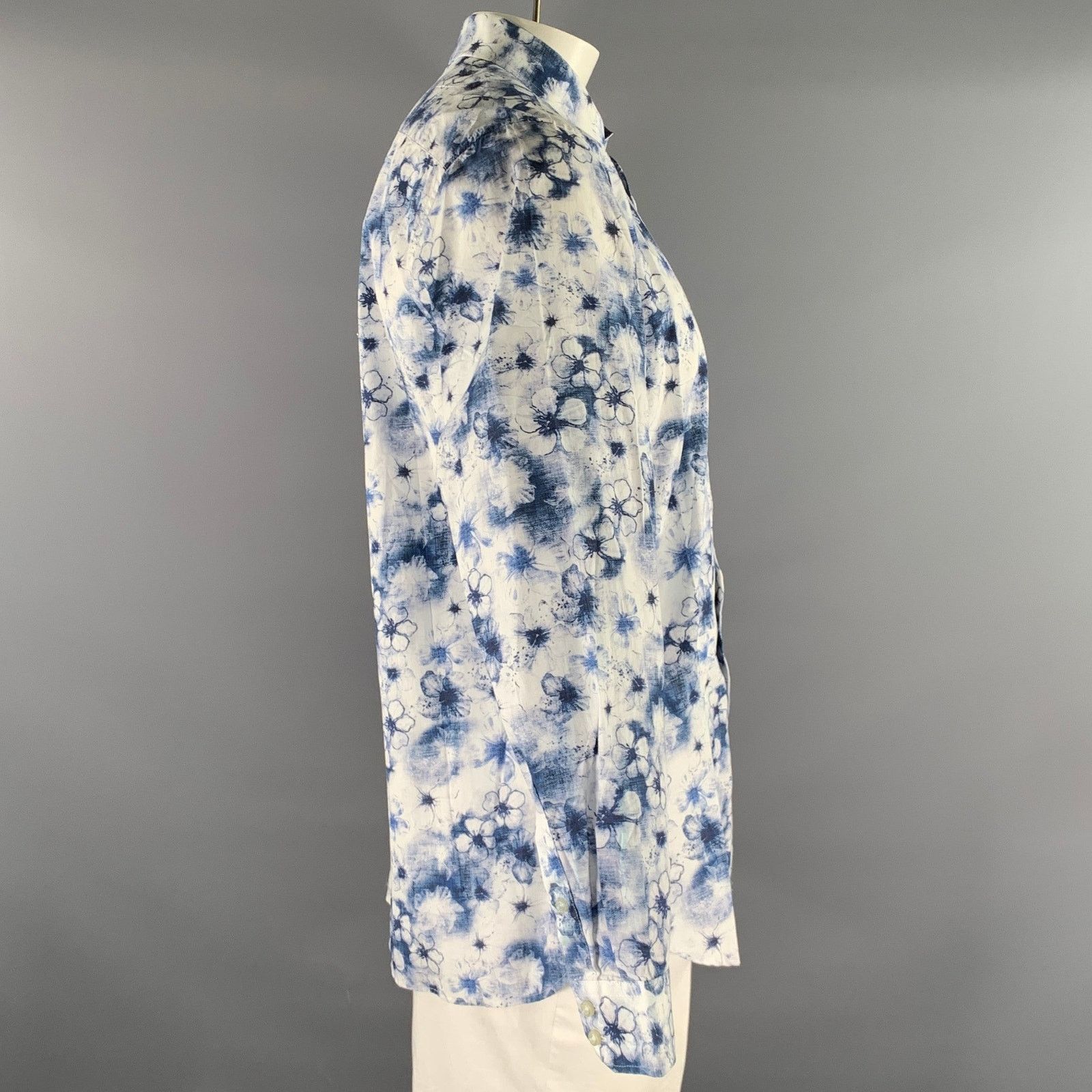 Ted Baker TED BAKER L Blue White Floral Cotton Button Up Long Sleeve Size US L / EU 52-54 / 3 - 2 Thumbnail