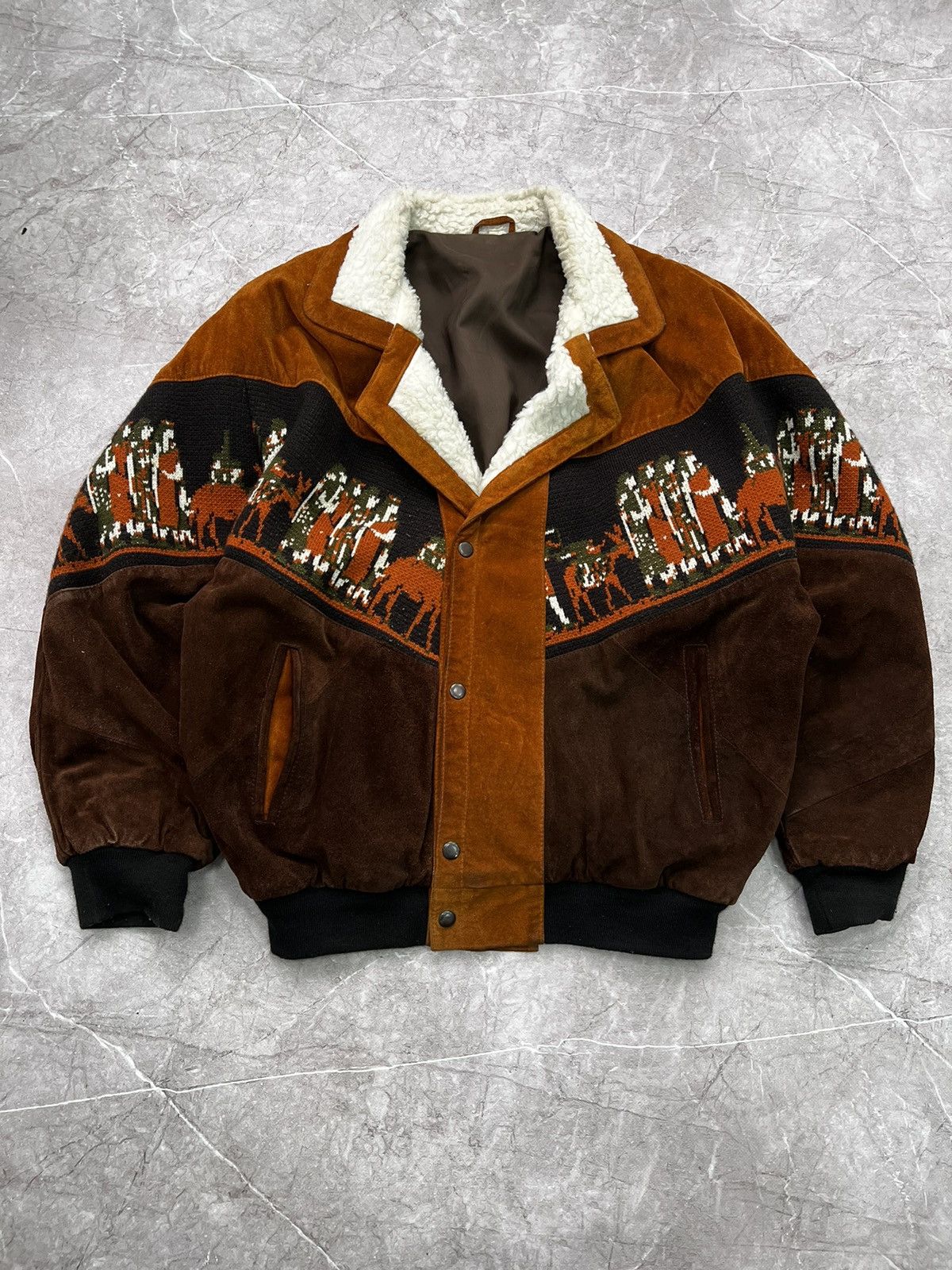 Vintage 1990s Western Sherpa Jacket Leather Aztec Coat