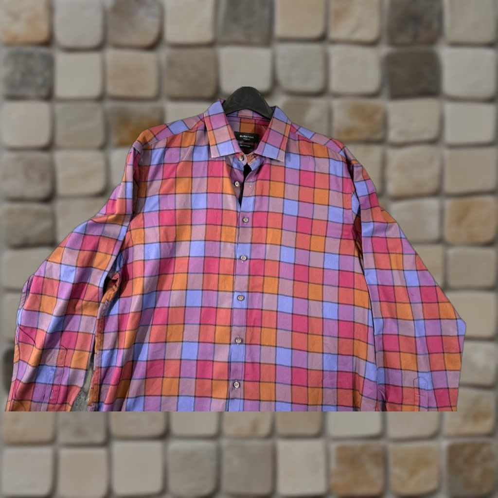 BUGATCHI Bugatchi Shirt Mens XL Plum Orange Plaid Classic Fit Super Fine Cotton Button-Up Long Sleeve Size US XL / EU 56 / 4 - 1 Thumbnail