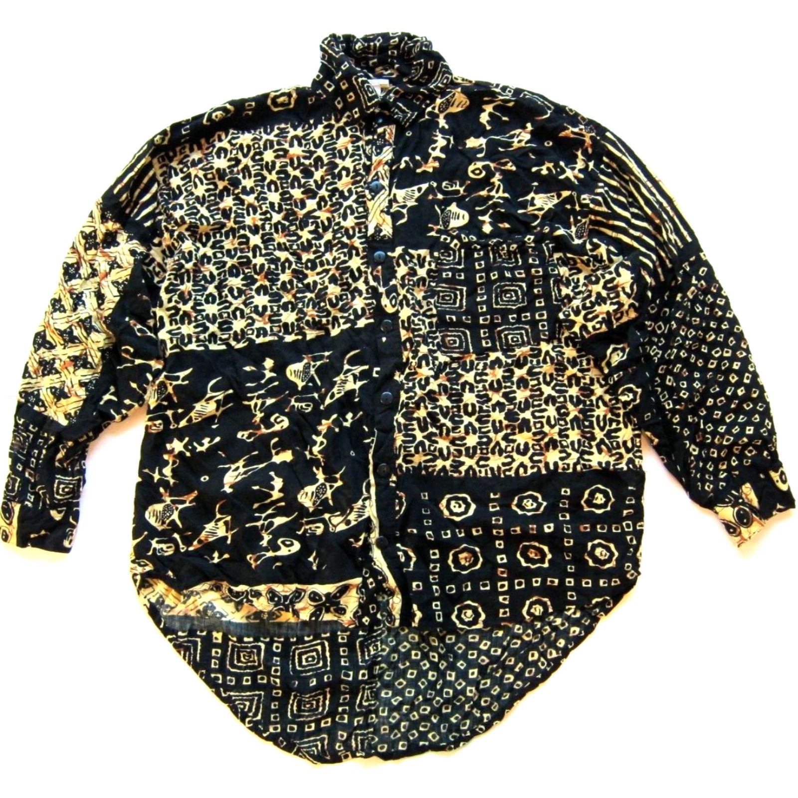 Vintage VINTAGE Ana Mori Shirt Men L-XL 100% Rayon Black Yellow Brown Long sleeve Button-Up Collared 80s 90s Casual Mens Size US L / EU 52-54 / 3 - 5 Thumbnail
