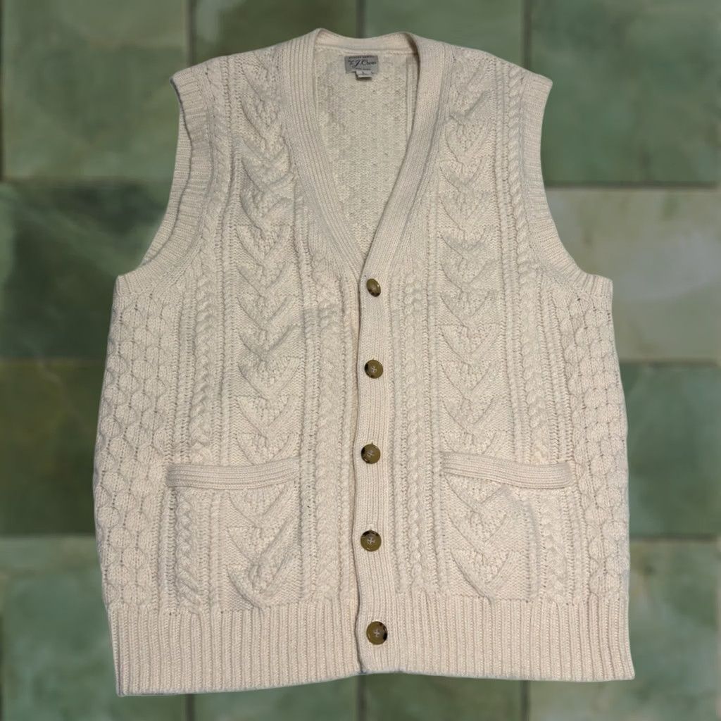 J.Crew VINTAGE? No — J.CREW Men L Rugged Merino Wool Blend Cable Knit Sweater Vest Ivory Solid V-Neck Pockets Casual Workwear Preppy College Vintage? No Size US L / EU 52-54 / 3 - 1 Thumbnail