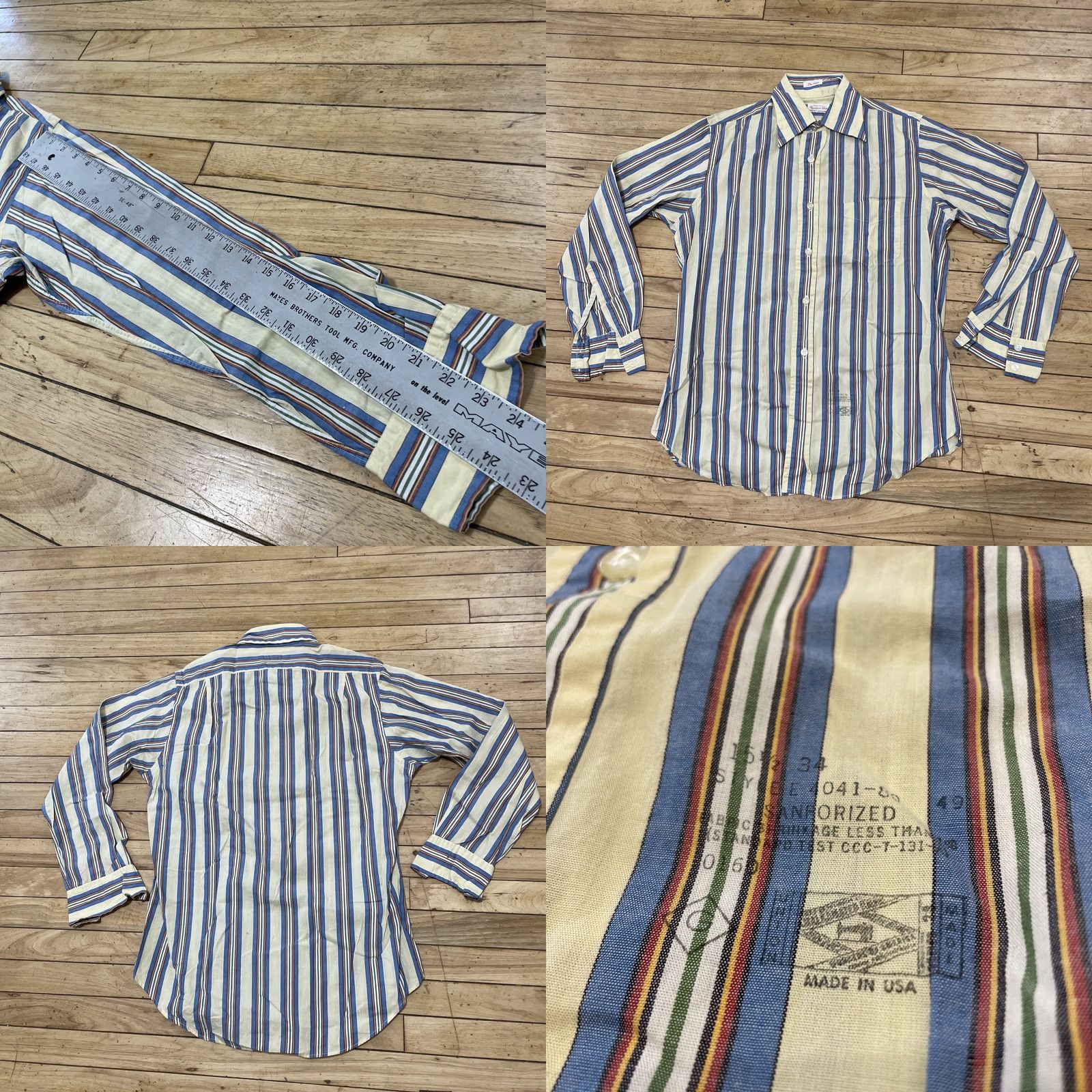Gant VINTAGE GANT Shirt Regular 15.5 34 Blue Yellow Cream Green Striped Button-Up Western Cowboy 70s 90s Bohemian Grandpa Point Collar USA Mens Size US L / EU 52-54 / 3 - 9 Thumbnail