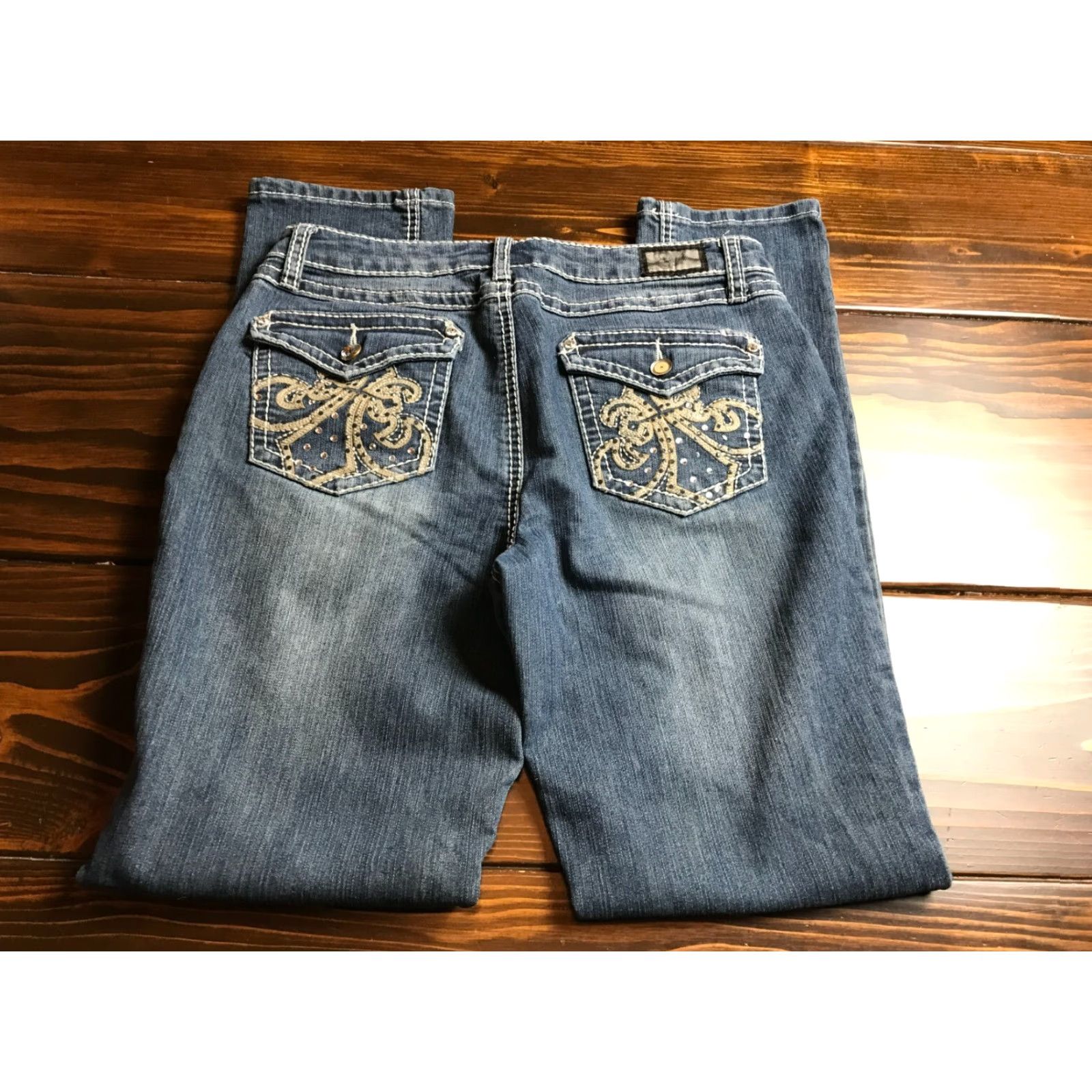 Vintage Earl Jean Jeans Women's Size 8 Blue Denim Jeweled Straight Leg Pockets Mid Rise Regular Fit Size 30" / US 8 / IT 44 - 2 Thumbnail