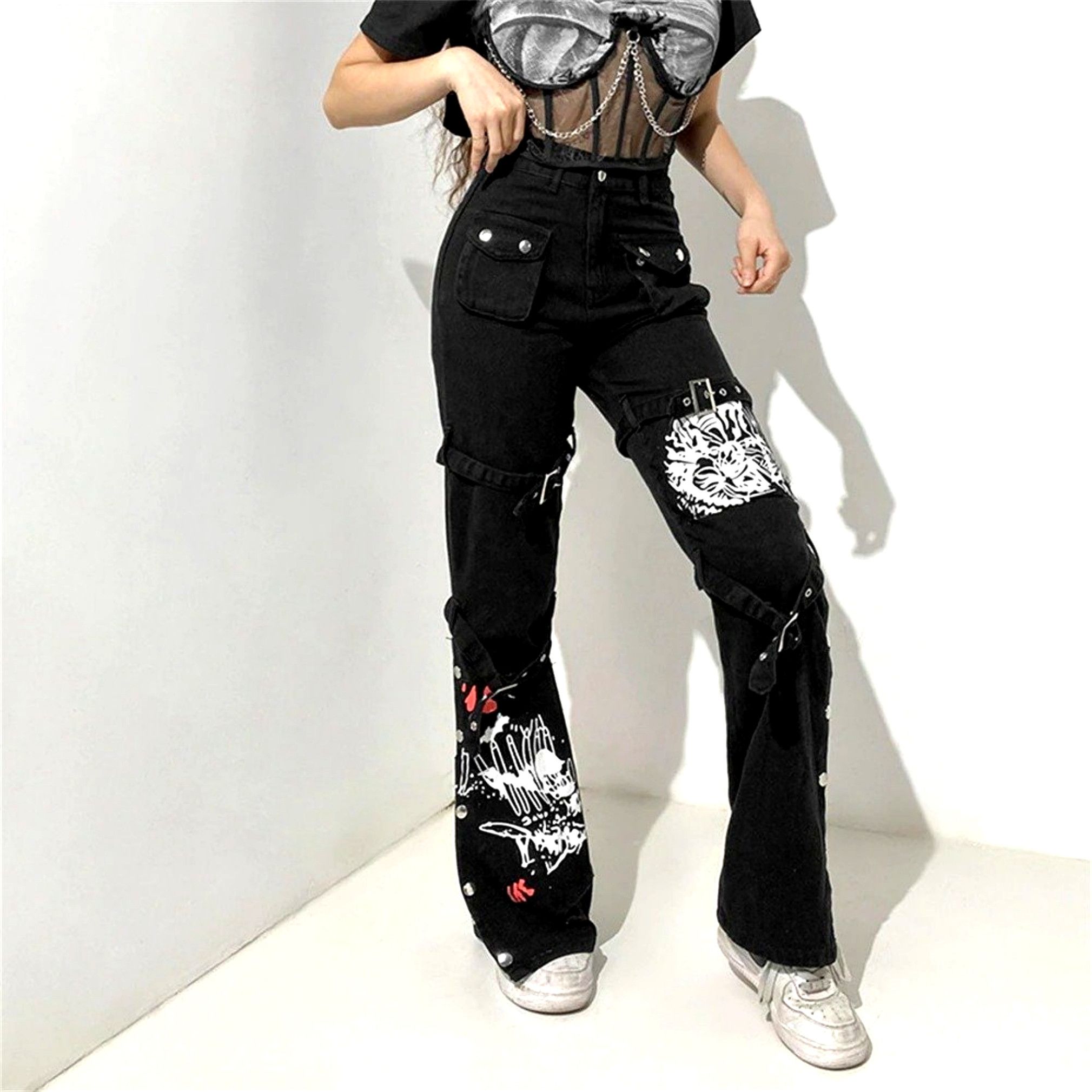 Designer × Japanese Brand × Vintage Punk Goth Floral Straps Pockets Side Fly Slit Cargo Trousers Size 27" / US 4 / IT 40 - 2 Thumbnail