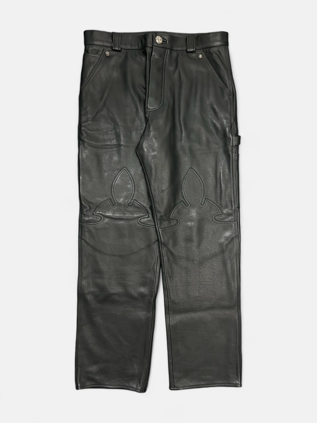 image of Chrome Hearts - Fleur Knee Leather Carpenter Pants in Black, Men's (Size 34)