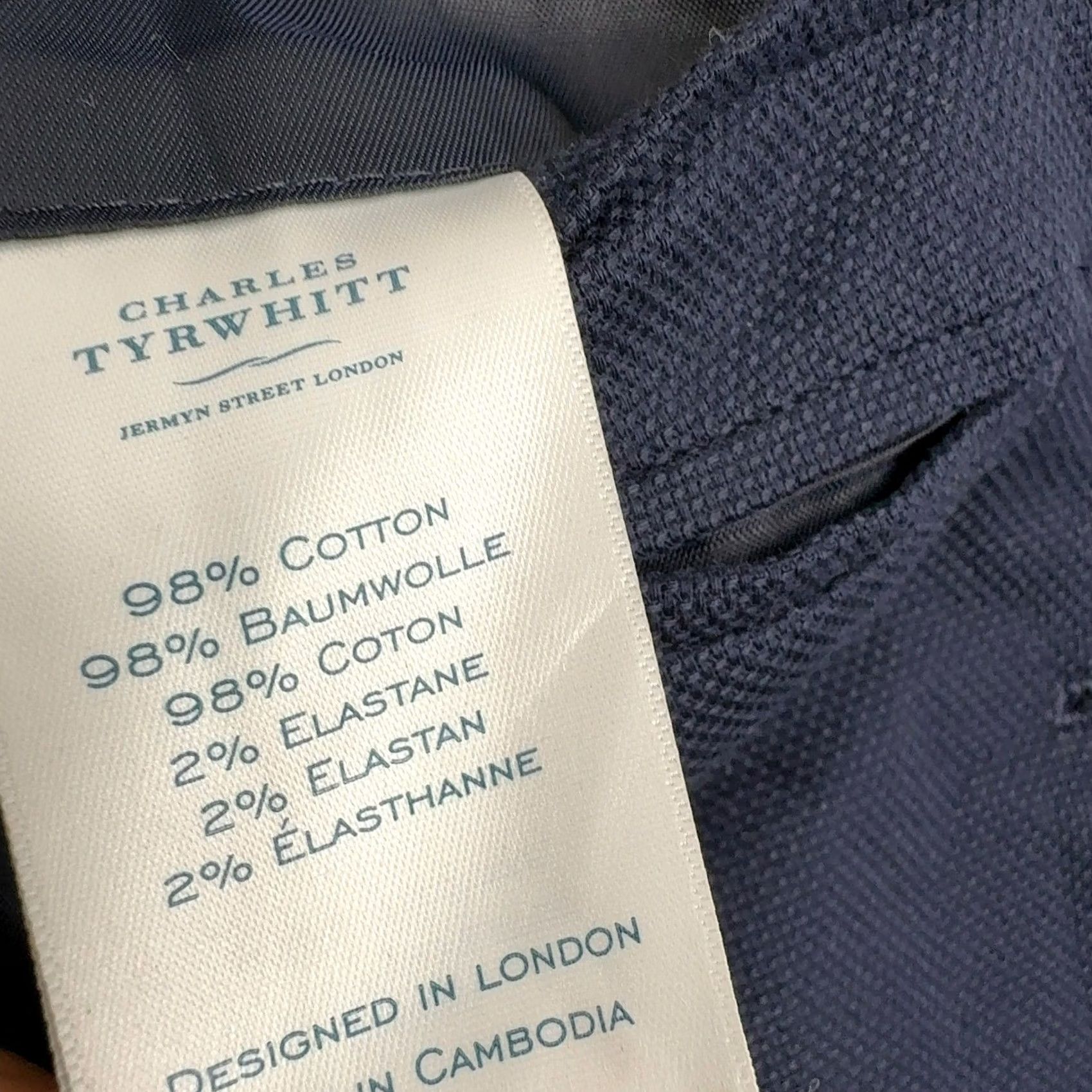 Charles Tyrwhitt Charles Tyrwhitt Blazer Mens 40R Navy Blue Cotton Elastane Slim Fit Professional Size 40R - 5 Thumbnail