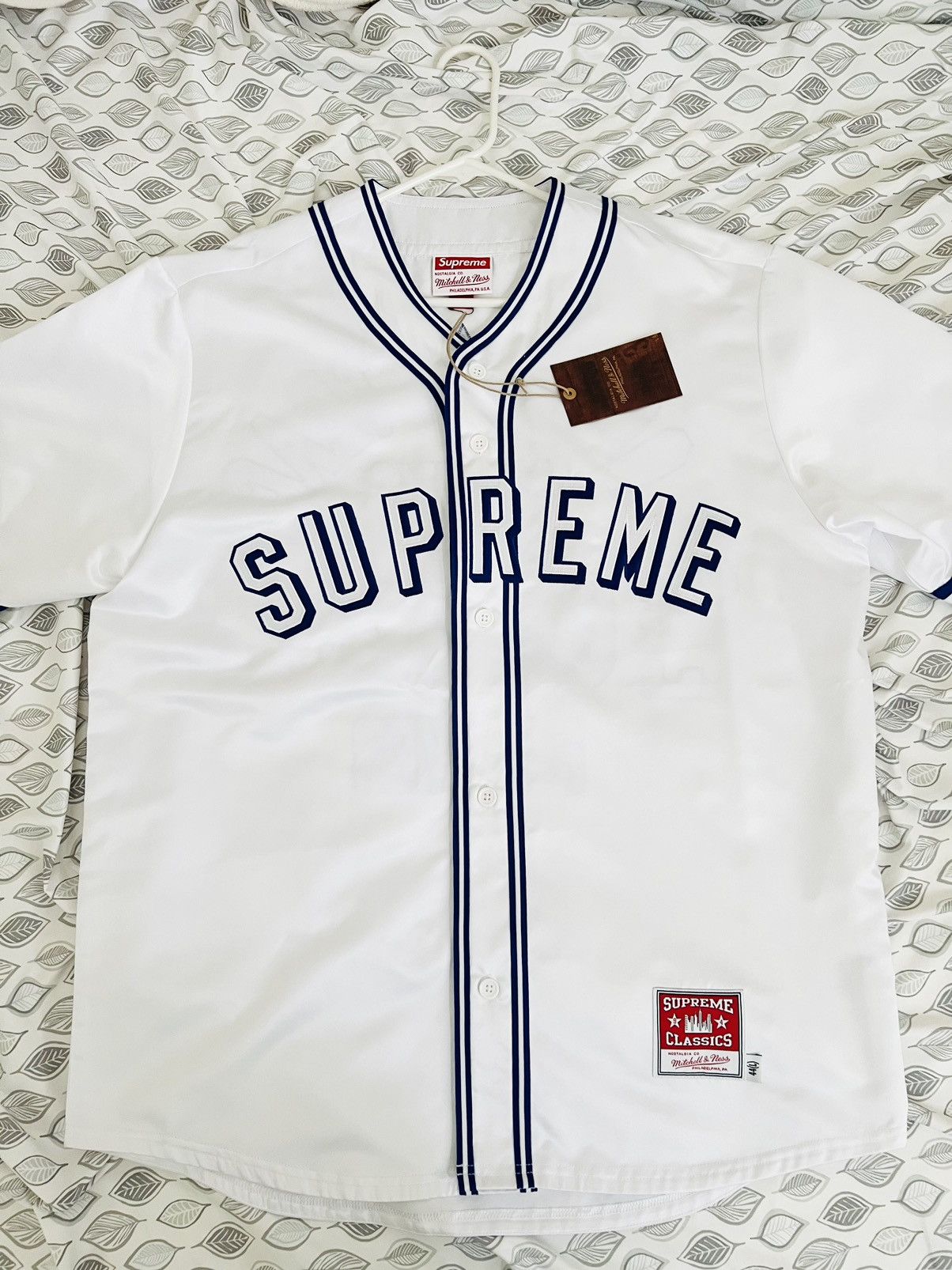 image of Supreme Mitchell & Ness Satin Baseball Jersey in White, Men's (Size Large)