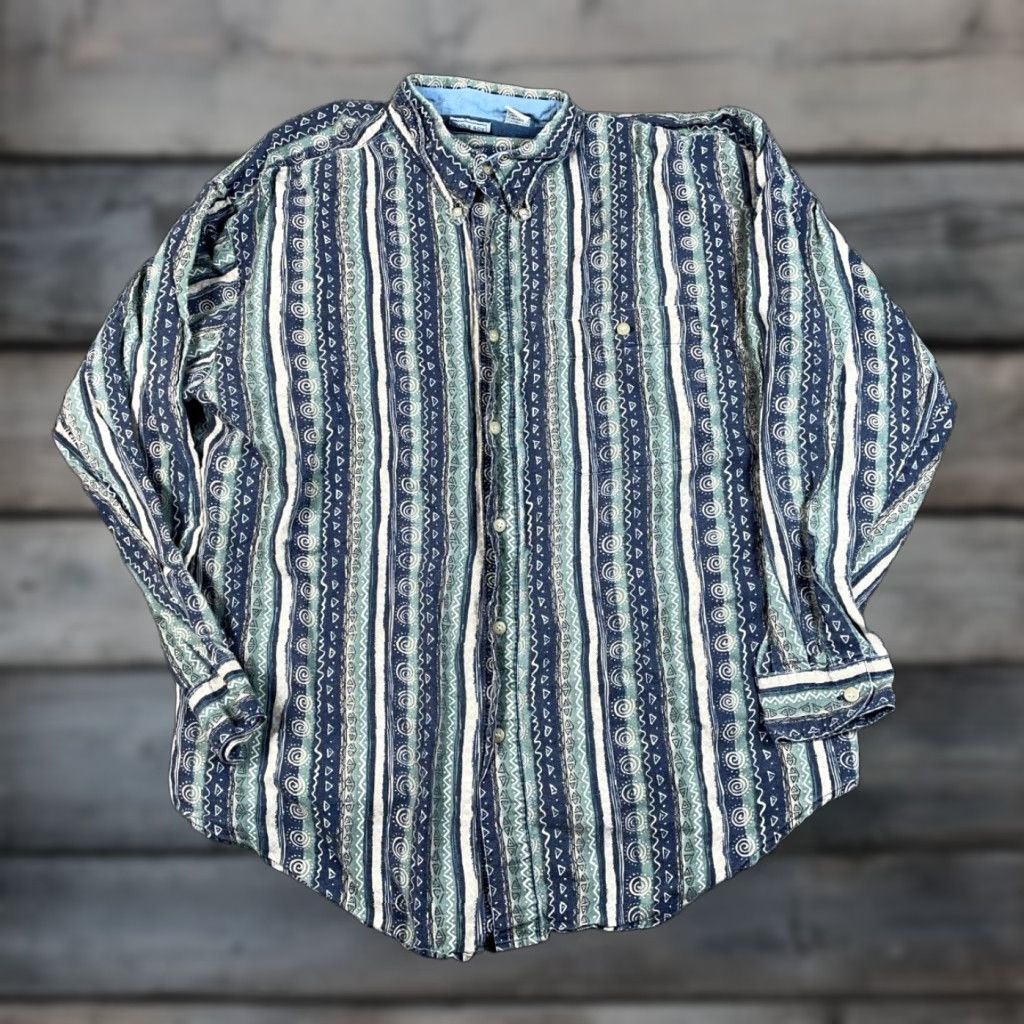 Bugle Boy VINTAGE Bugle Boy Geometric Pattern Shirt Adult XL Green Long Sleeve Button-Down Collared 90s Hippie Boho Mens Size US XL / EU 56 / 4 - 1 Thumbnail
