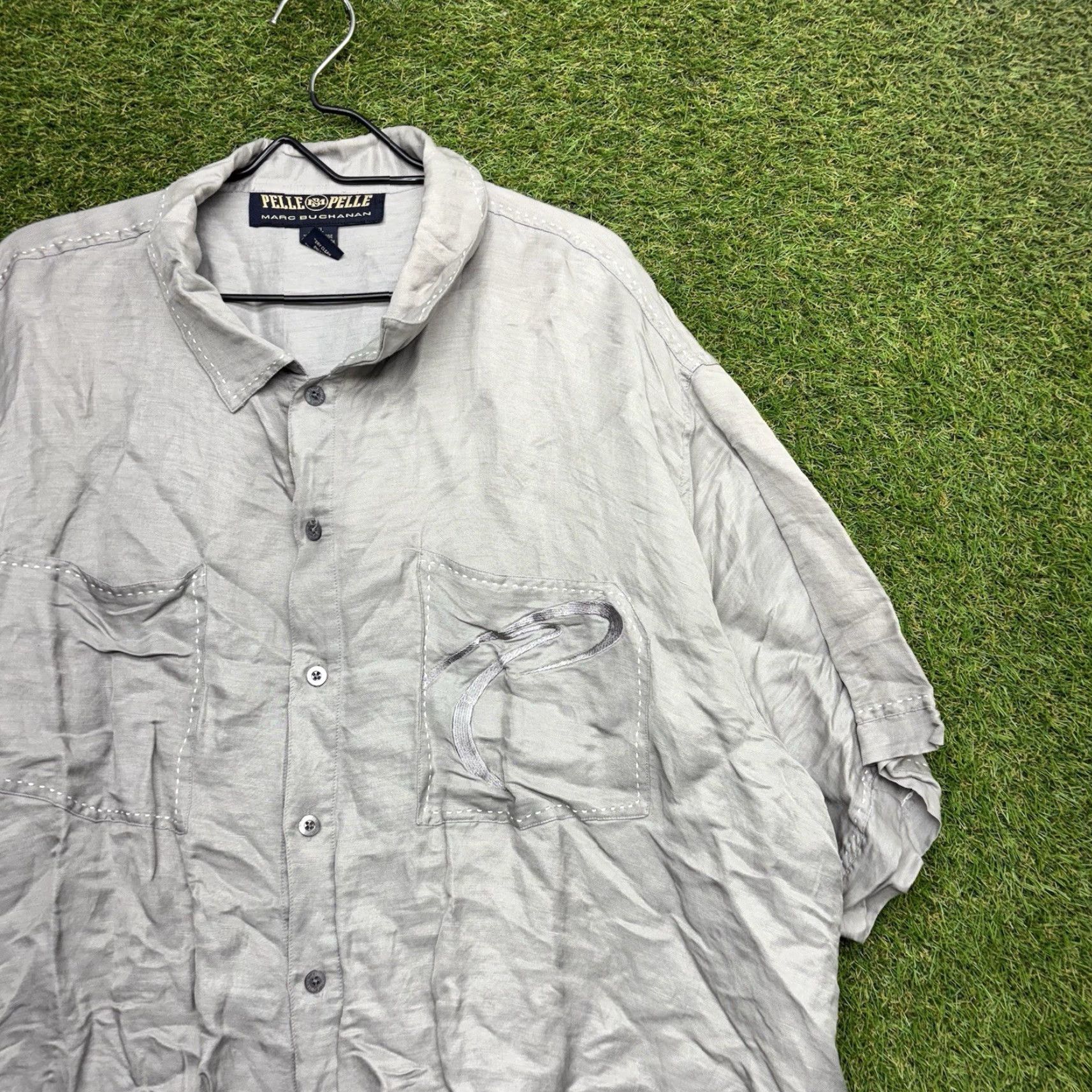 Pelle Pelle VINTAGE Pelle Pelle Shirt Shorts Mens 42 Grey Linen Silk Button Up 42 Grey 90s Mens Size US XL / EU 56 / 4 - 2 Thumbnail