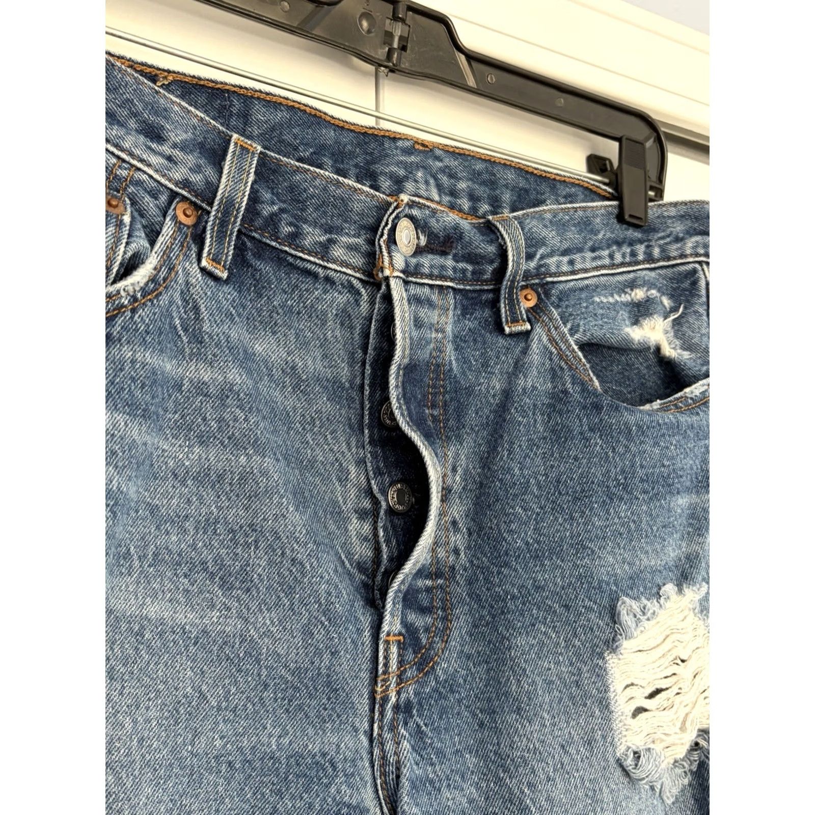 Levi's Levi's 501 Jeans Womens Blue Straight High Rise Distressed 29x30 Regular Denim Cotton Blend 5-Pocket Retro Logo N/AShape Size 29" - 3 Thumbnail