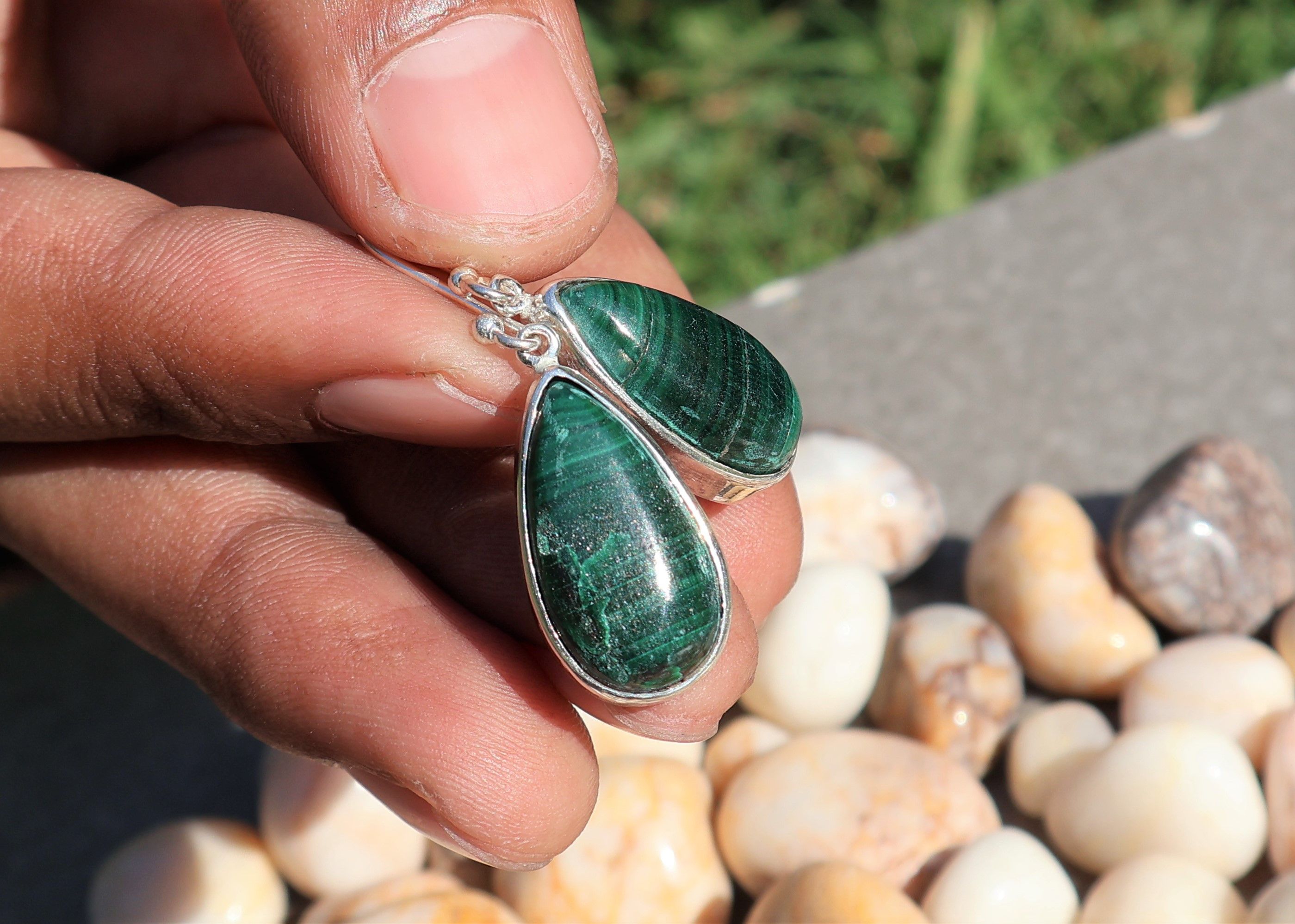 Handmade Malachite Dangle Drop Earrings, Sterling Handmade Earrings, Size ONE SIZE - 6 Thumbnail